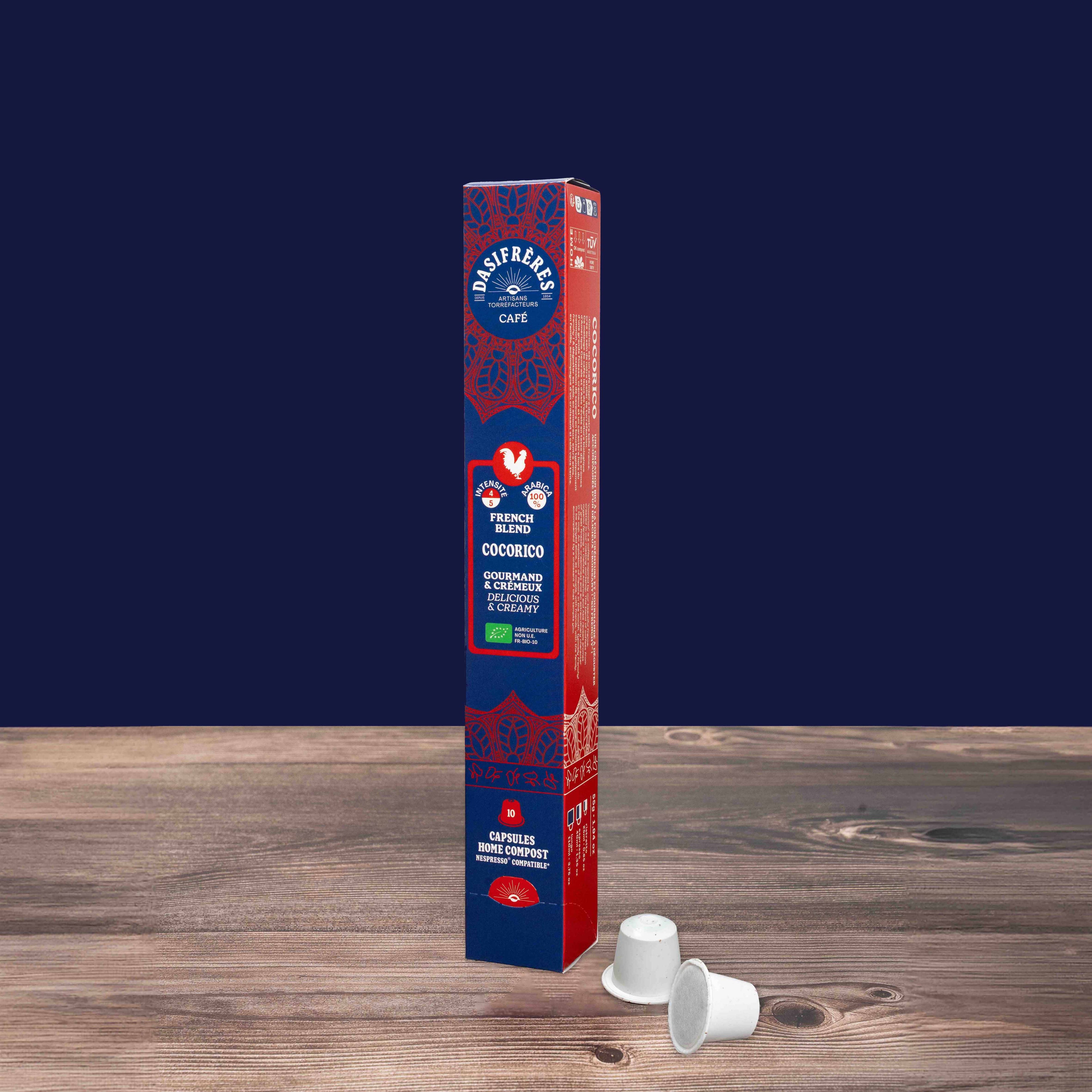 Café capsules Cocorico Frend blend café français bio notes gourmandes et crémeuses 100% Arabica capsules compatibles Nespresso® home compost boîte de 10 capsules