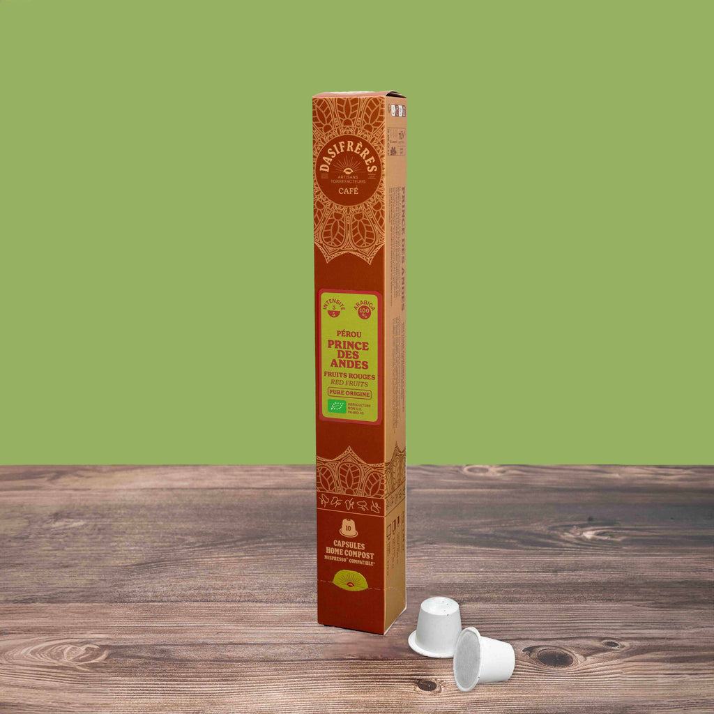 café capsules Prince des Andes Pérou bio pure origine fruits rouges 100% Arabica capsules compatibles Nespresso® home-compost boîte de 10 capsules