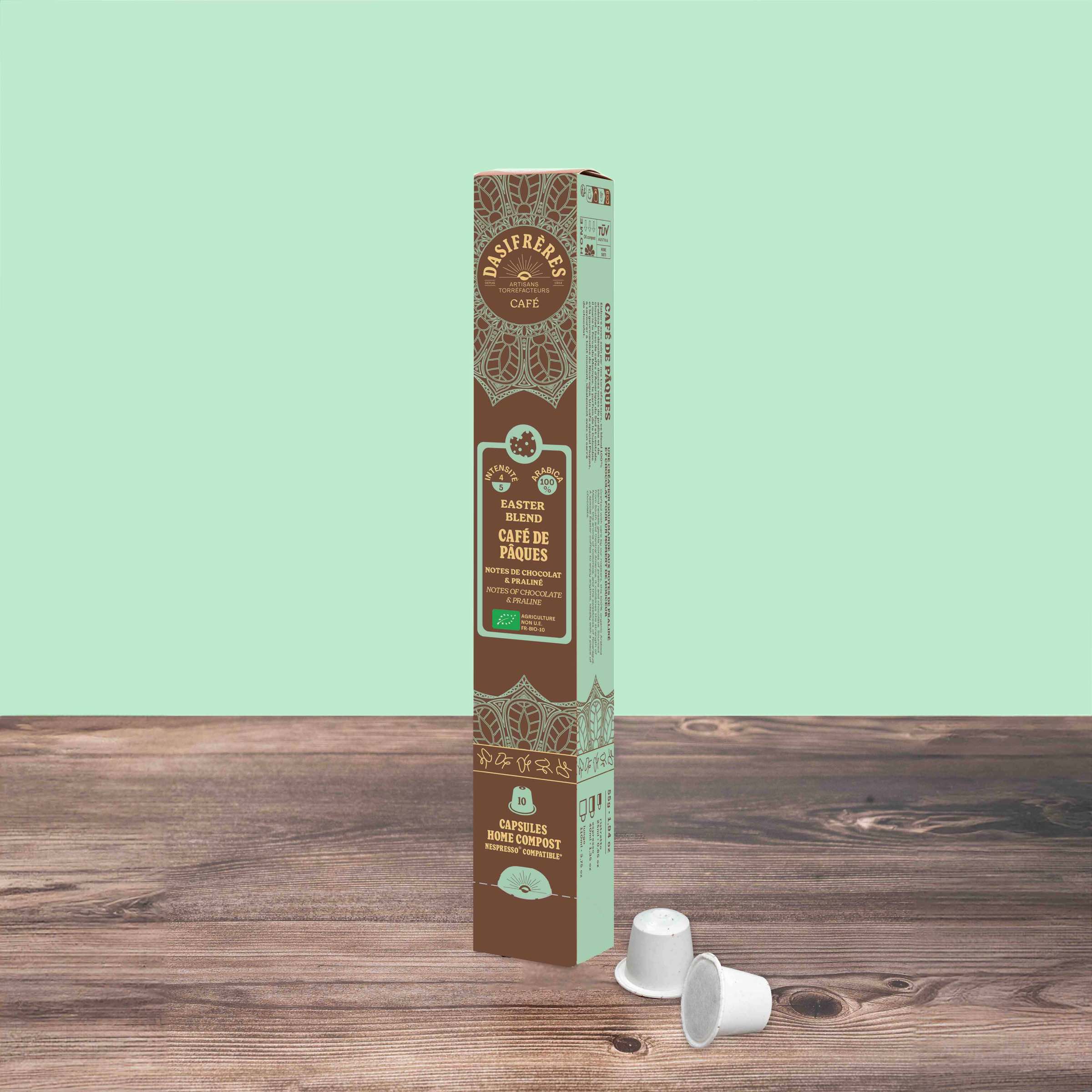 Café de Pâques capsules chocolat et praliné bio 100% Arabica capsules compatibles Nespresso® home compost boîte de 10 capsules