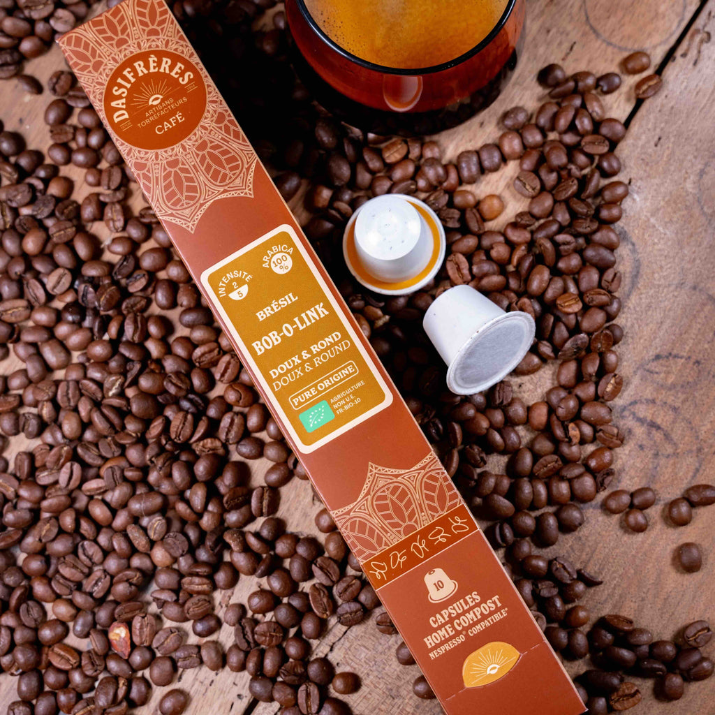 Café capsules Bob-O-Link Brésil doux et rond bio pure origine 100% Arabica capsules compatibles Nespresso® capsules home compost boîte de 10 capsules