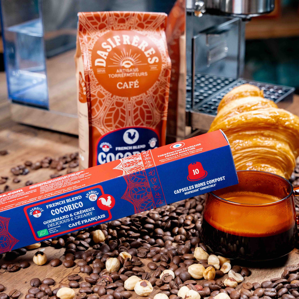 Café capsules Cocorico Frend blend café français bio notes gourmandes et crémeuses 100% Arabica capsules home compost compatibles Nespresso® boîte de 10 capsules