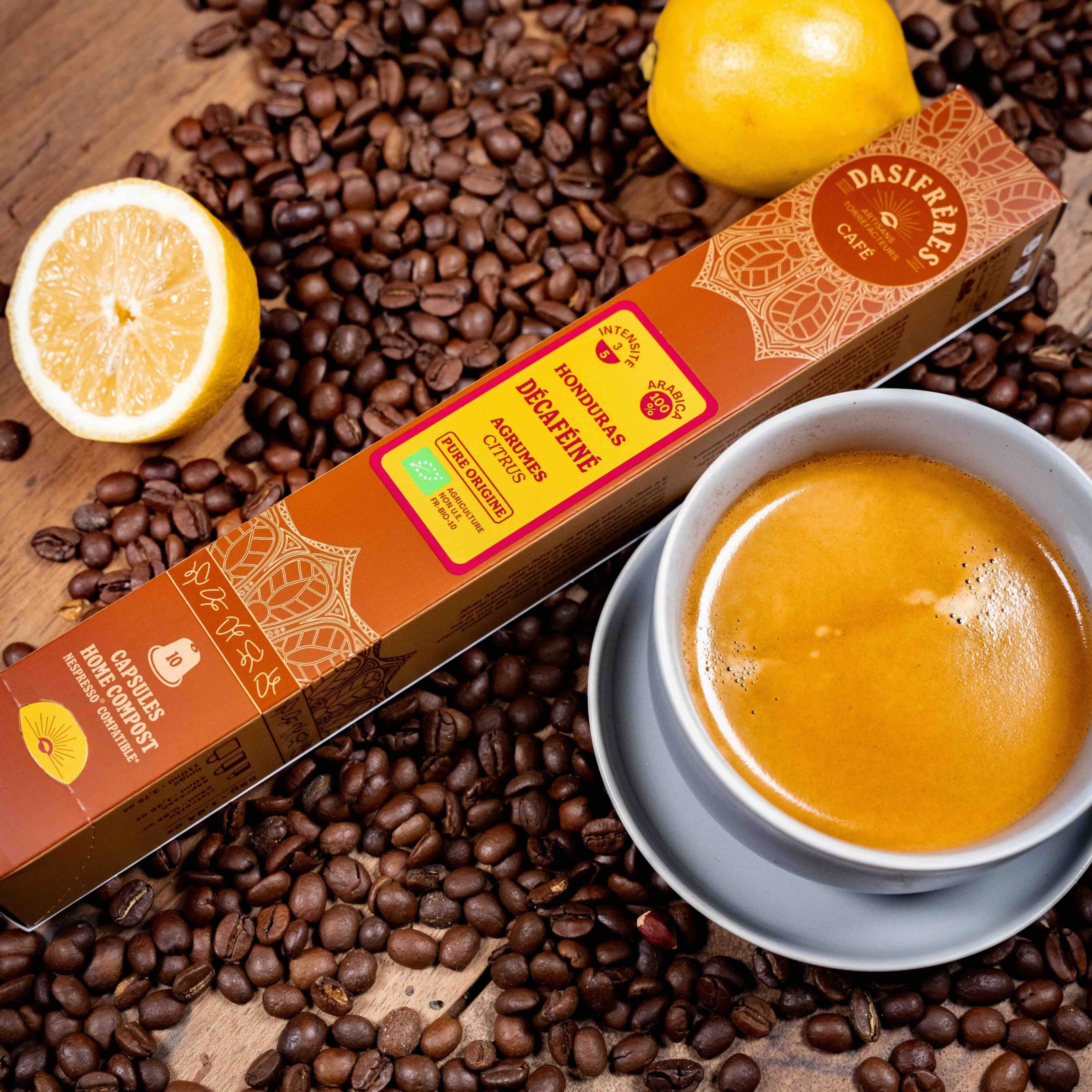 café capsules Décaféiné Honduras bio agrumes 100% Arabica pure origine capsules compatibles Nespresso® home compost boîte de 10 capsules