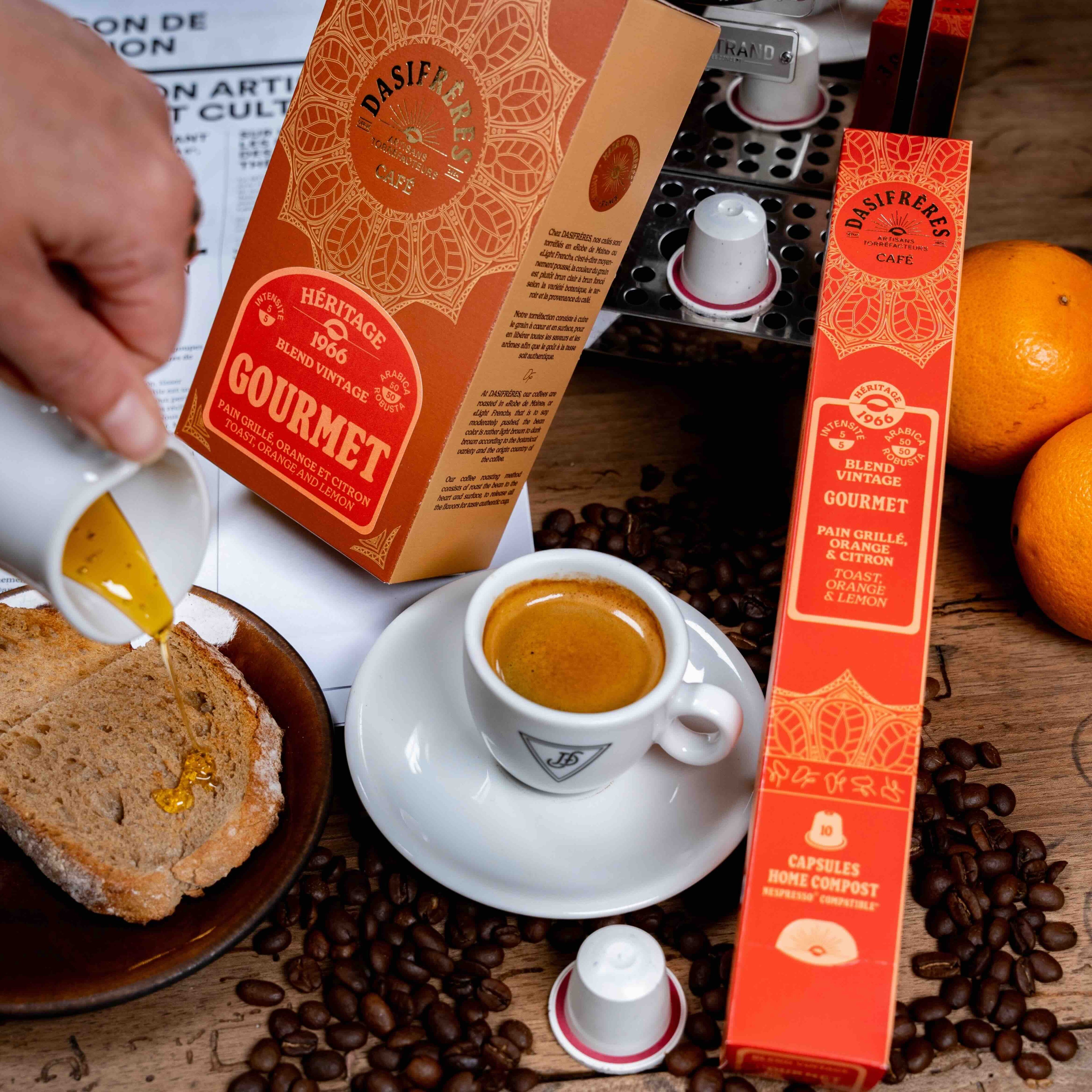Café capsules gourmet blend vintage pain grillé orange et citron capsules compatibles Nespresso® capsules home compost boîte de 10 capsules