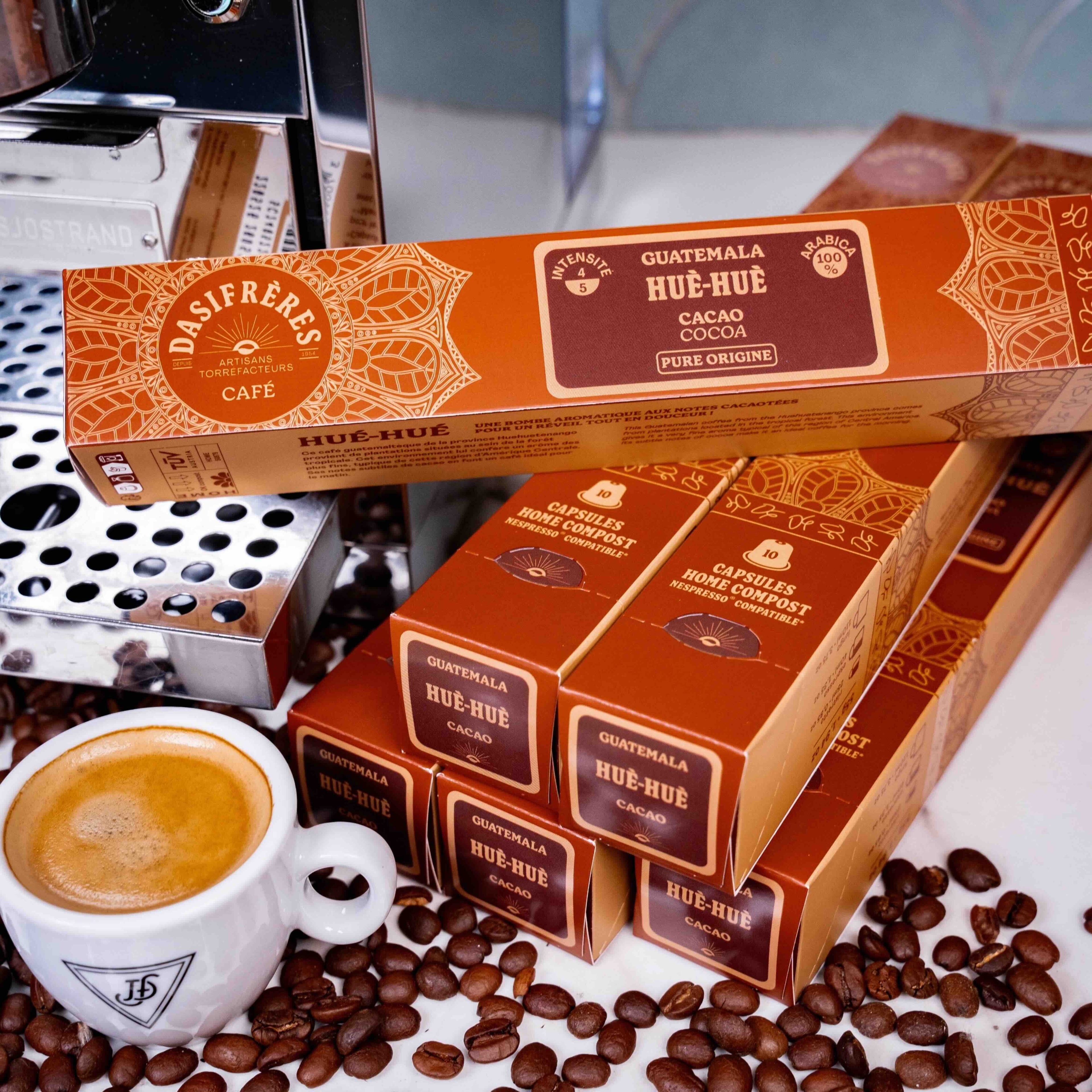 café capsules Huè-huè cacao pure origine 100% Arabica capsules compatibles Nespresso® home compost boîte de 10 capsules