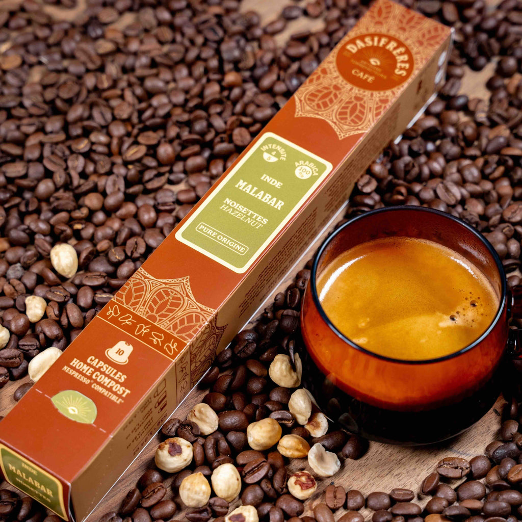 Café capsules Malabar Inde noisettes pure origine 100% Arabica capsules compatibles Nespresso® home compost boîte de 10 capsules