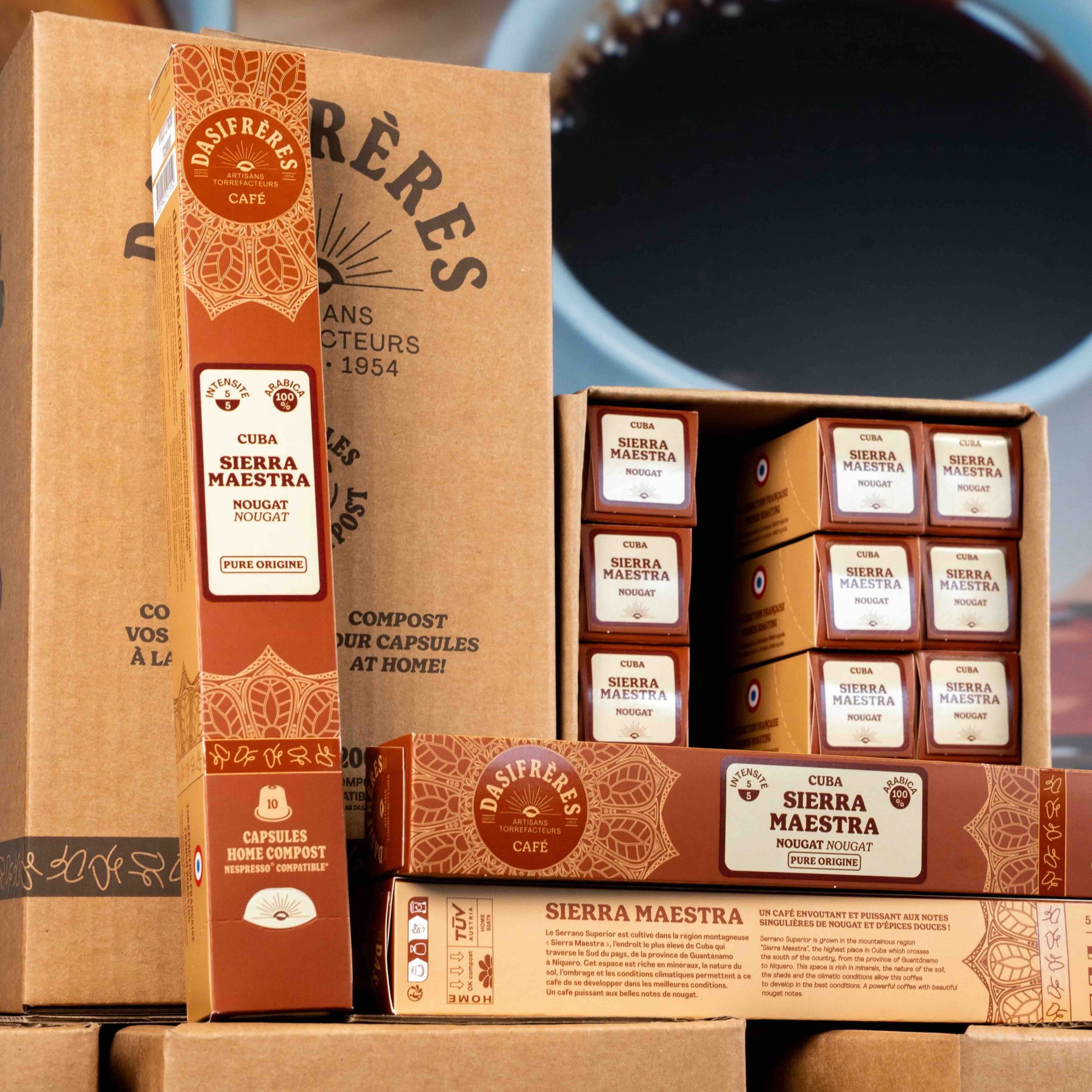 Café carton capsules Sierra Maestra Cuba nougat pure origine 100% Arabica capsules compatibles Nespresso® home compost carton de 200 capsules
