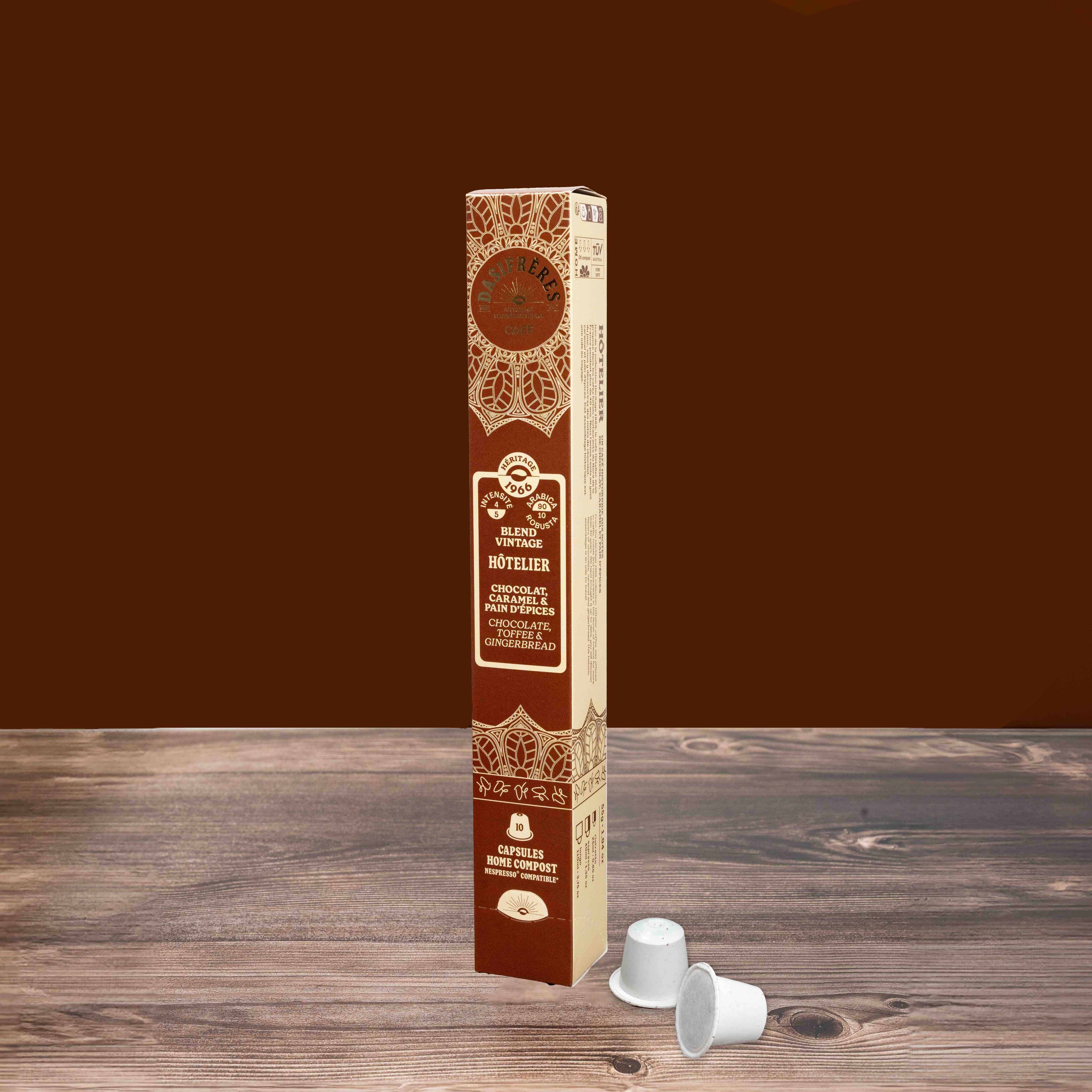 Café capsules Hôtelier blend vintage héritage 1966 chocolat caramel et pain d'épices capsules compatibles Nespresso® home-compost boîte de 10 capsules