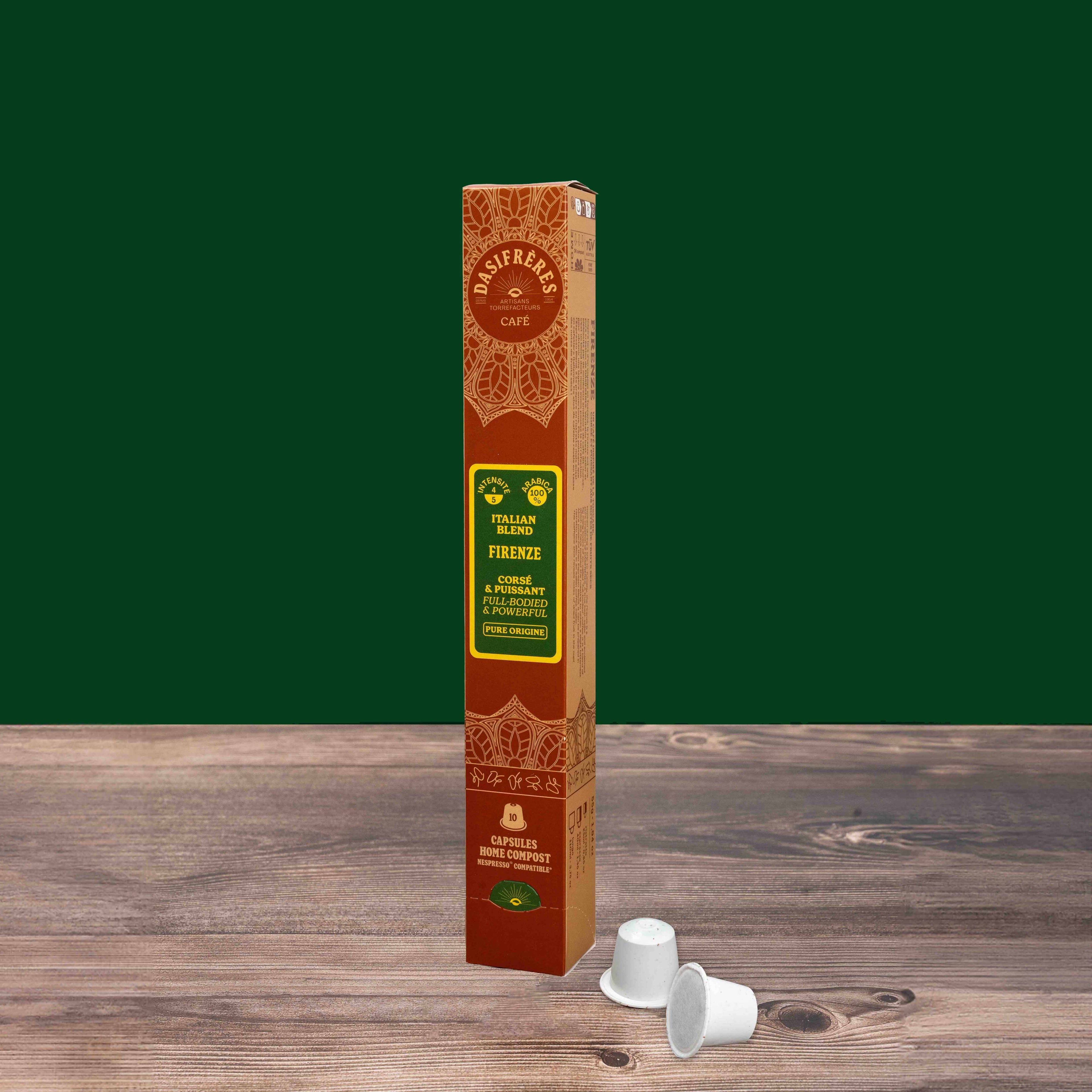 Café capsules Firenze Italian Blend Assemblage corsé et puissant capsules compatibles Nespresso® home-compost boîte de 10 capsules