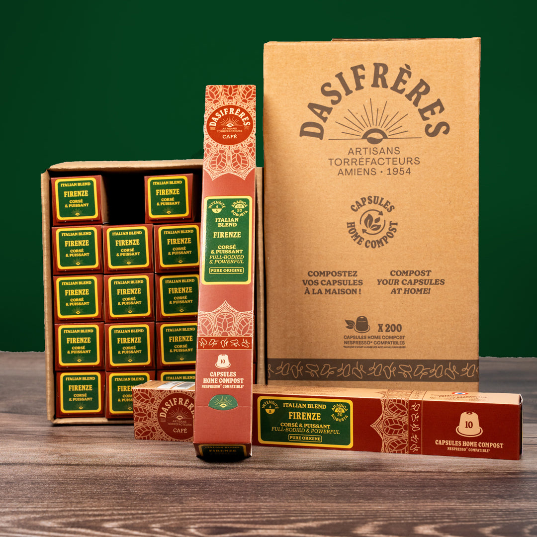 Café carton capsules Firenze Italian Blend Assemblage corsé et puissant capsules compatibles Nespresso® home-compost carton de 200 capsules