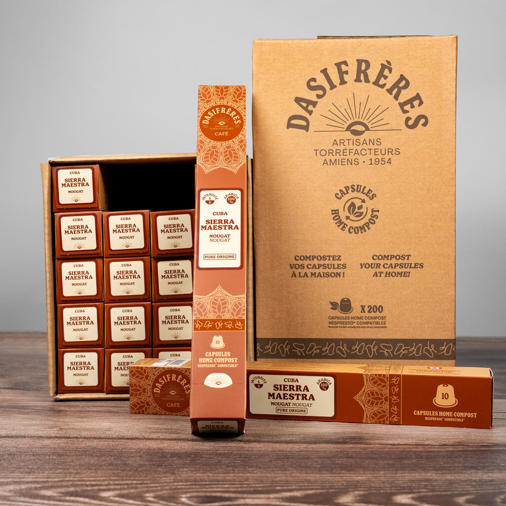 Café carton capsules Sierra Maestra Cuba nougat pure origine 100% Arabica capsules compatibles Nespresso® home compost carton de 200 capsules