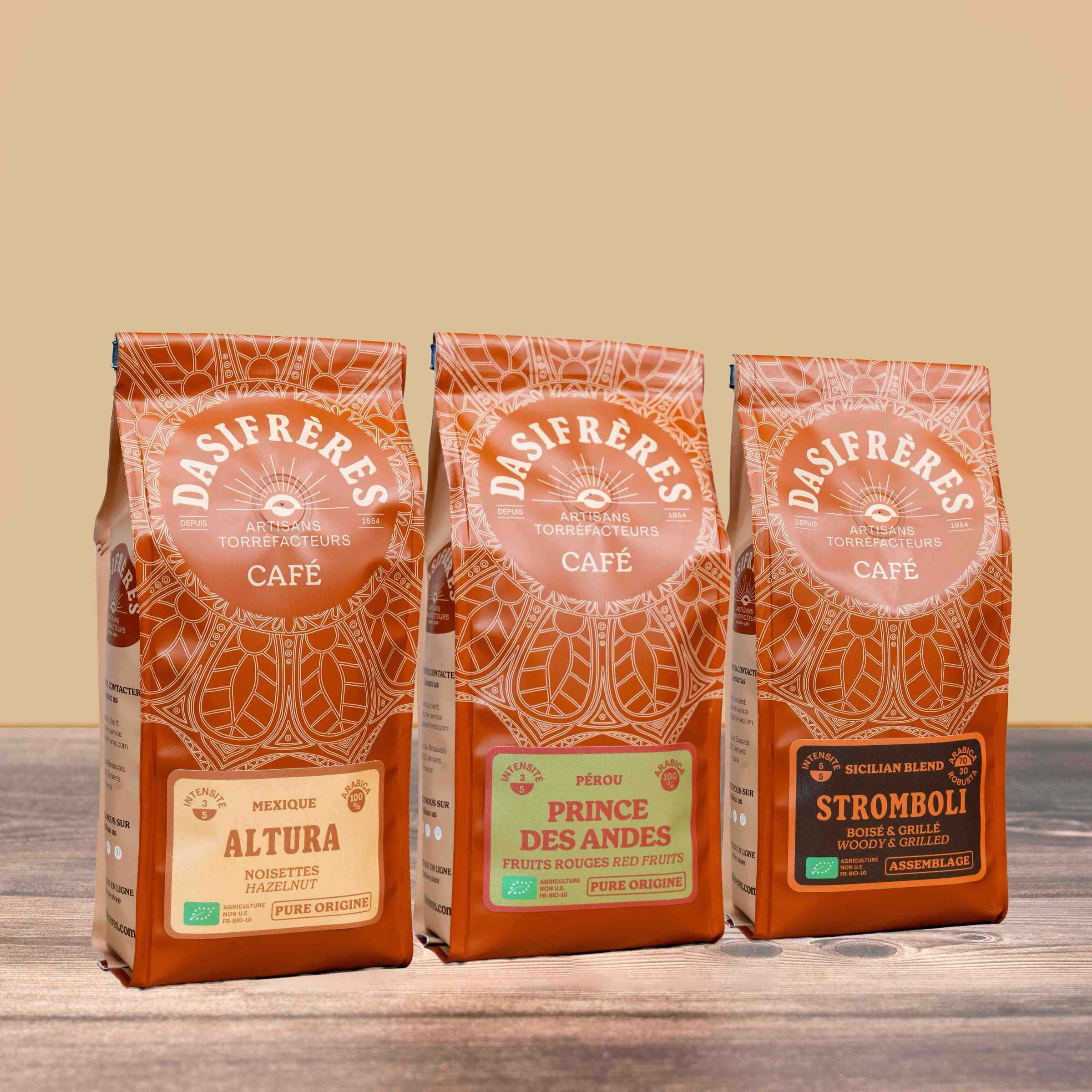 Assortiment cafés grains origine bio Altura Princes des Andes Stromboli 250g