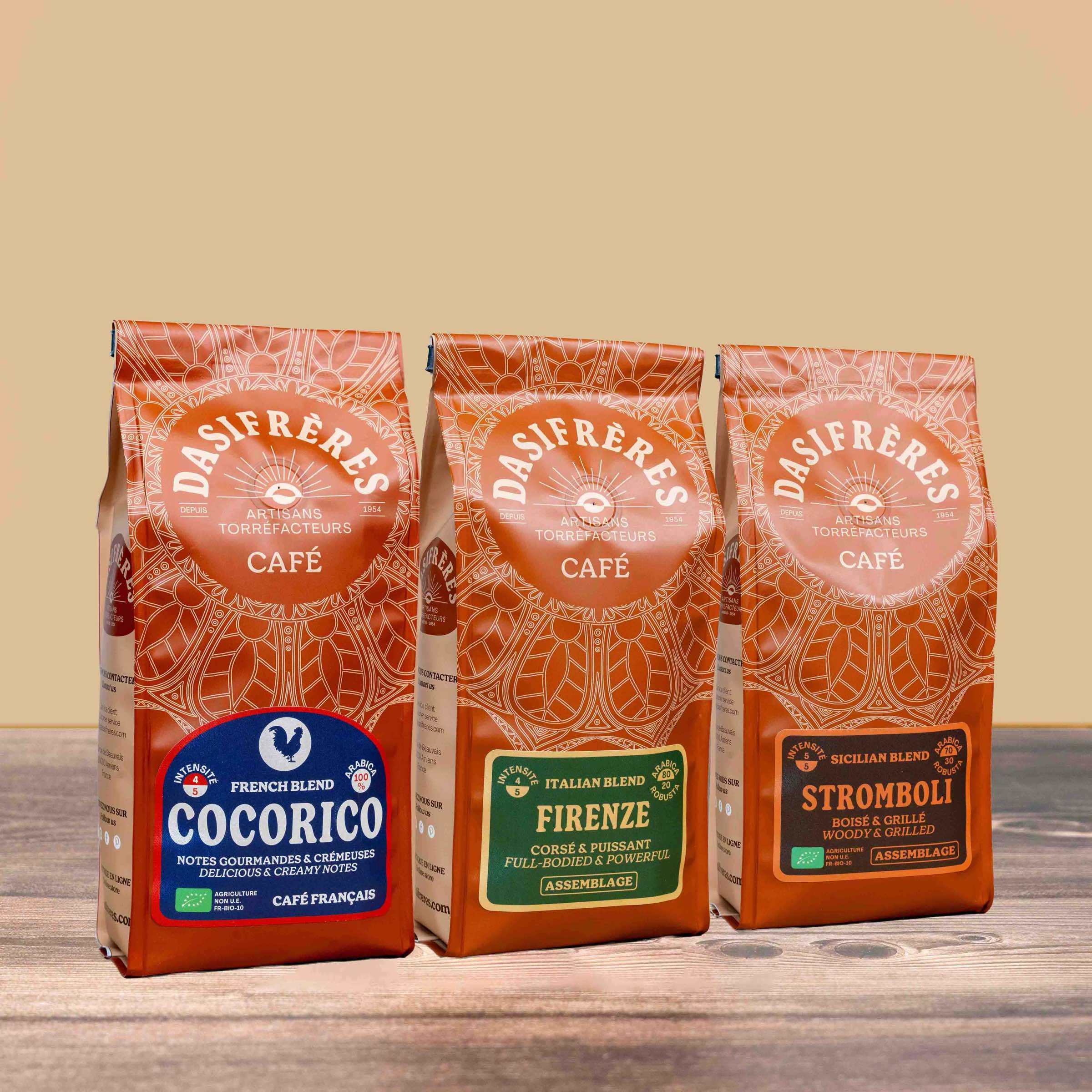 Assortiment café moulu Dasi Creation nos blends maison Cocorico Firenze Stromboli 250g