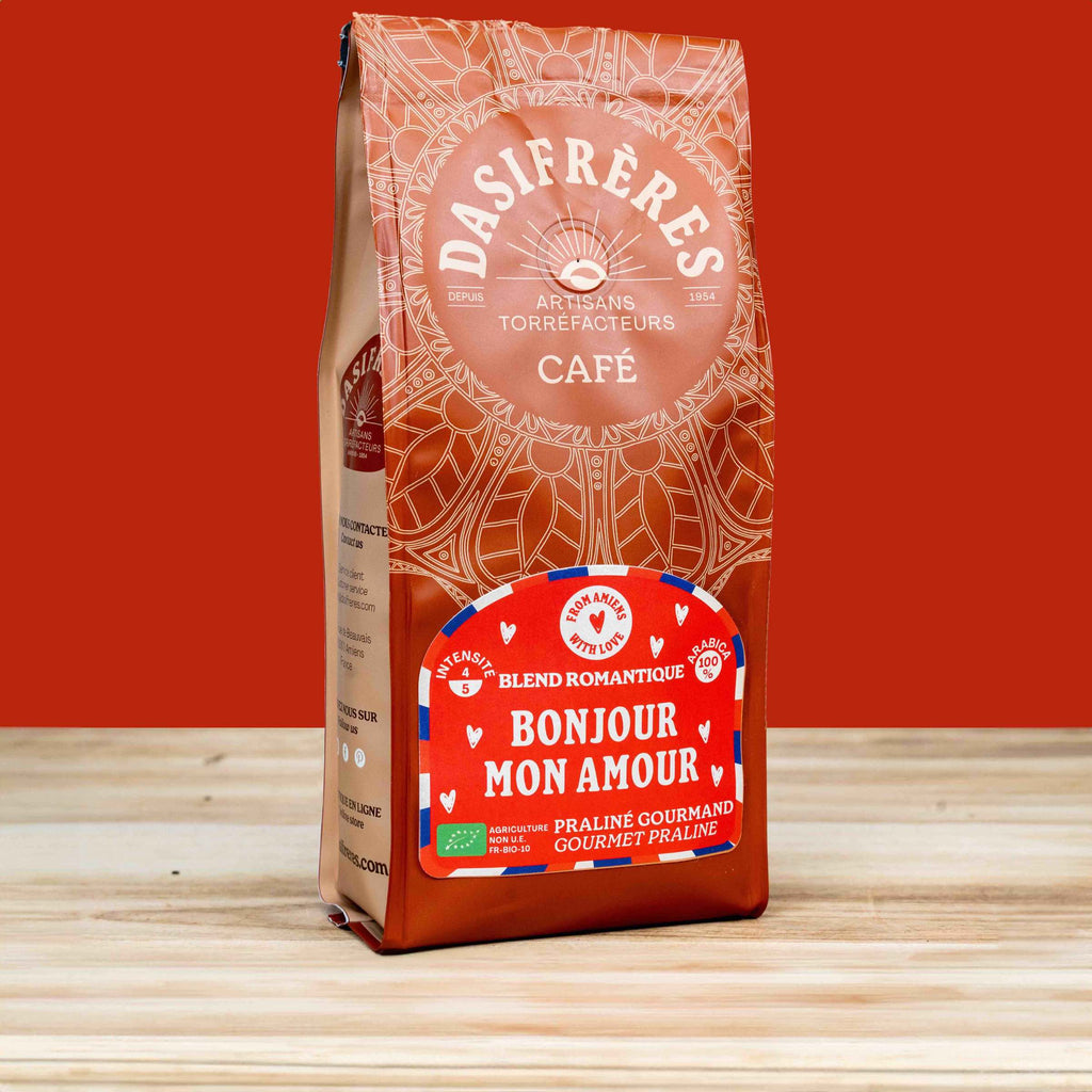 Café grains Bonjour mon amour blend praliné gourmand bio 100% Arabica 250g