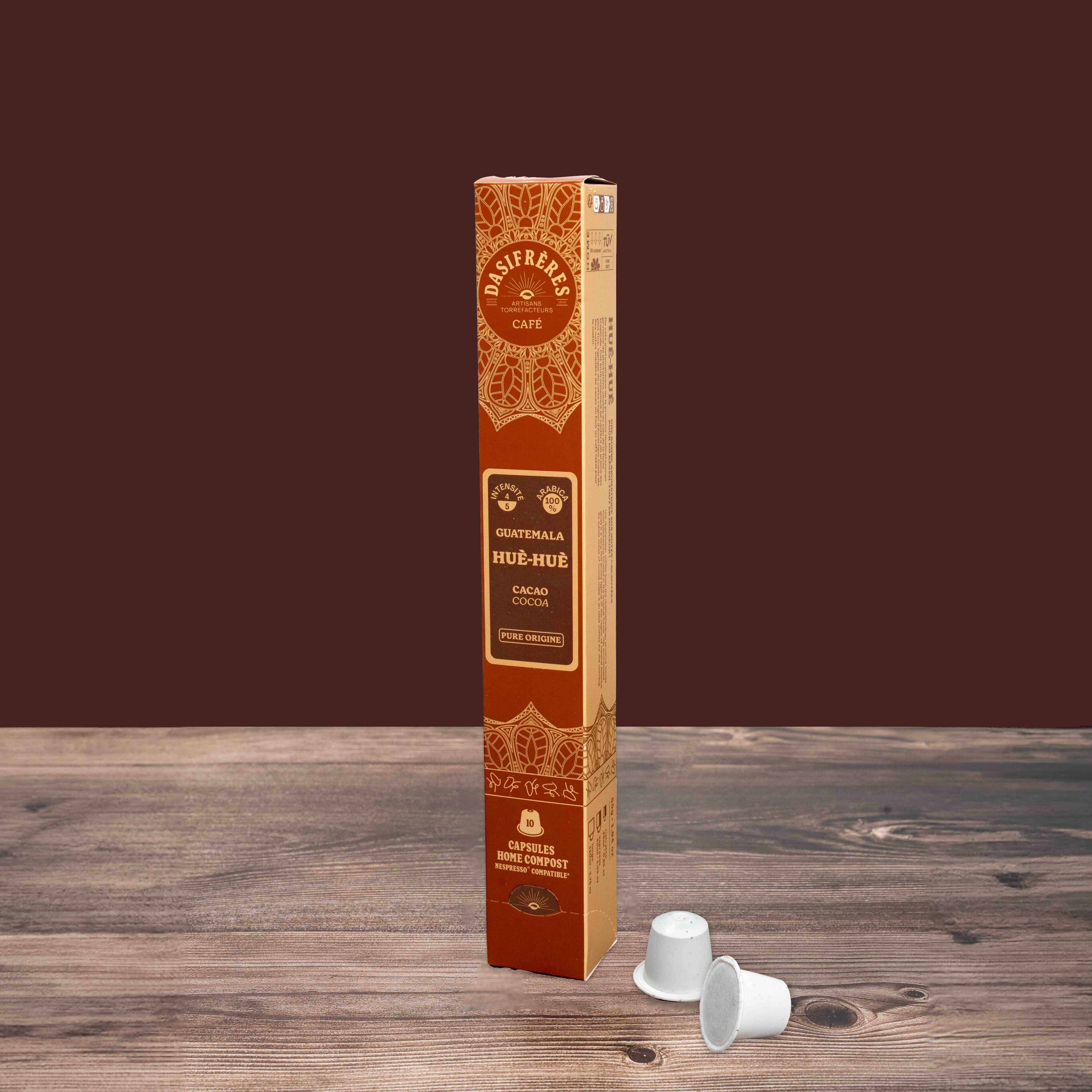 café capsules Huè-huè cacao pure origine 100% Arabica capsules compatibles Nespresso® home-compost boîte de 10 capsules