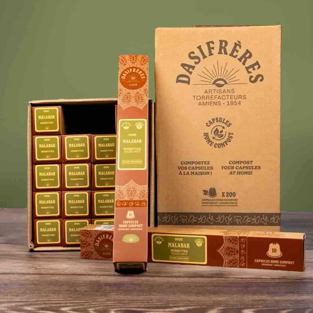 Carton café capsules Malabar Inde noisettes pure origine 100% Arabica capsules compatibles Nespresso® home compost carton de 200 capsules