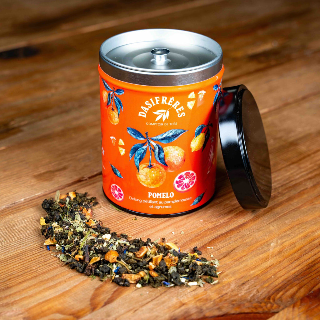 Pomelo oolong petillant pamplemousse et agrumes boîte métal 100g réutilisable double couvercle papier washi