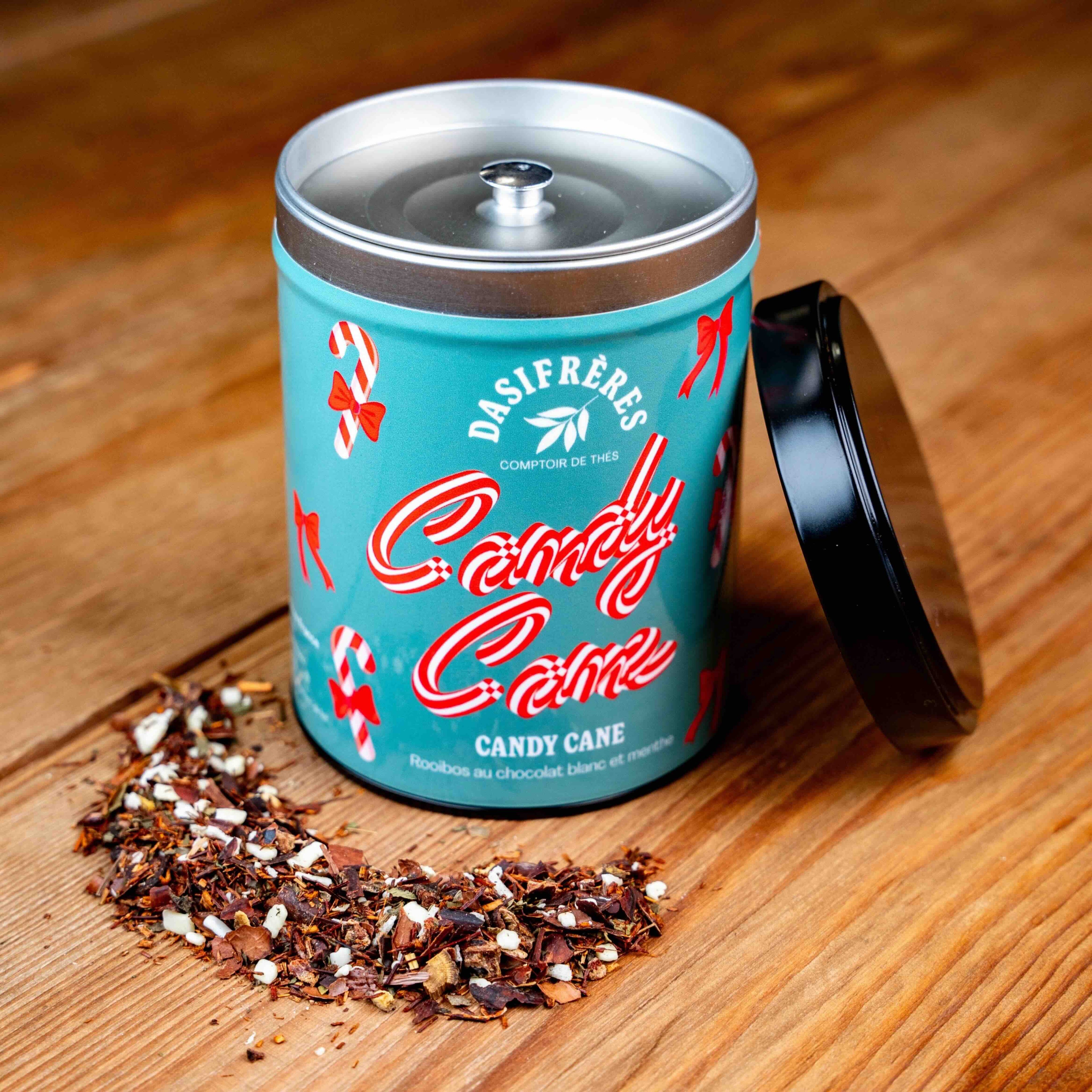 Candy Cane Rooibos au chocolat blanc et menthe boîte métal 130g réutilisable double couvercle papier washi