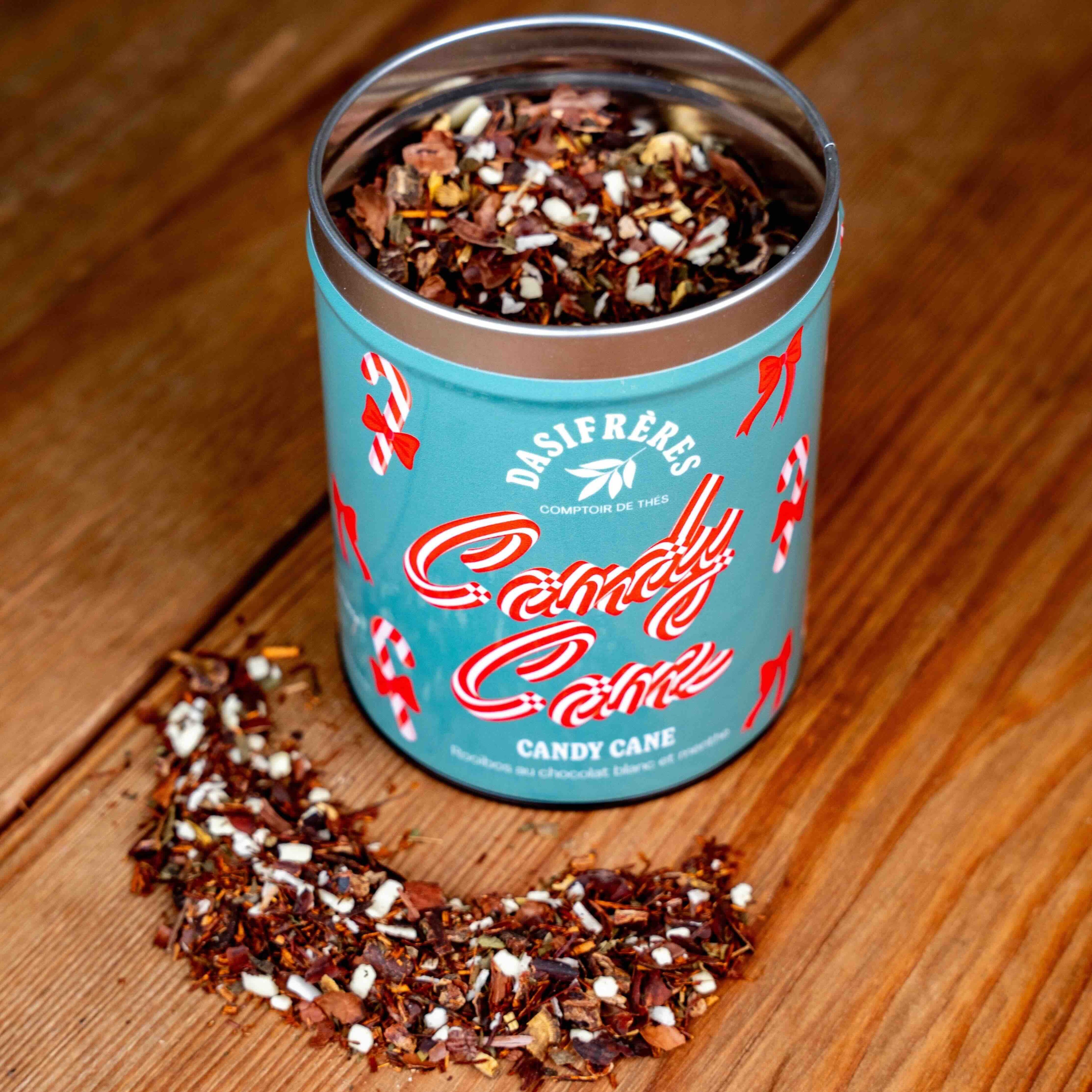 Candy Cane Rooibos au chocolat blanc et menthe boîte métal 130g réutilisable double couvercle papier washi