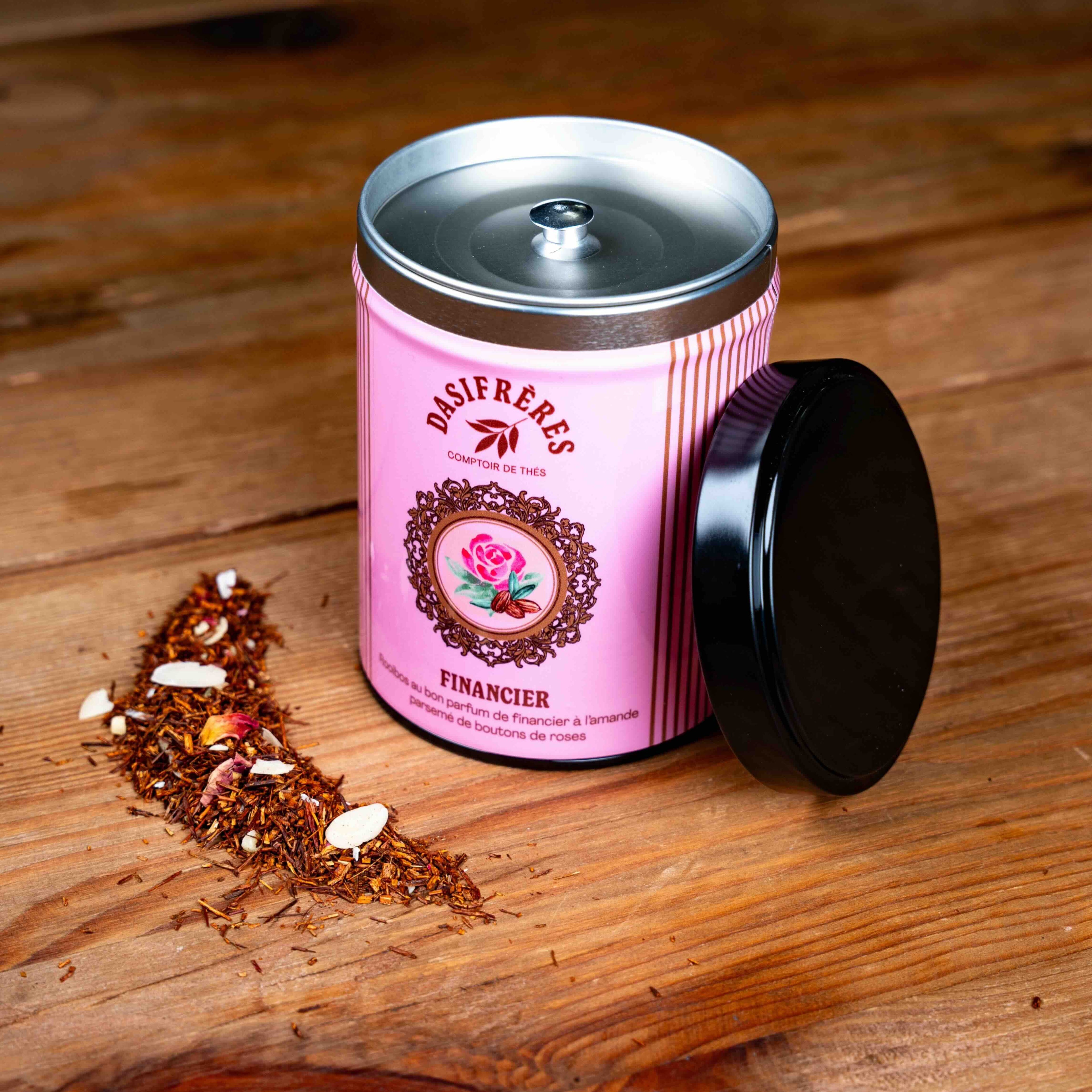 Financier rooibos amande et rose boîte métal 120g réutilisable double couvercle papier washi
