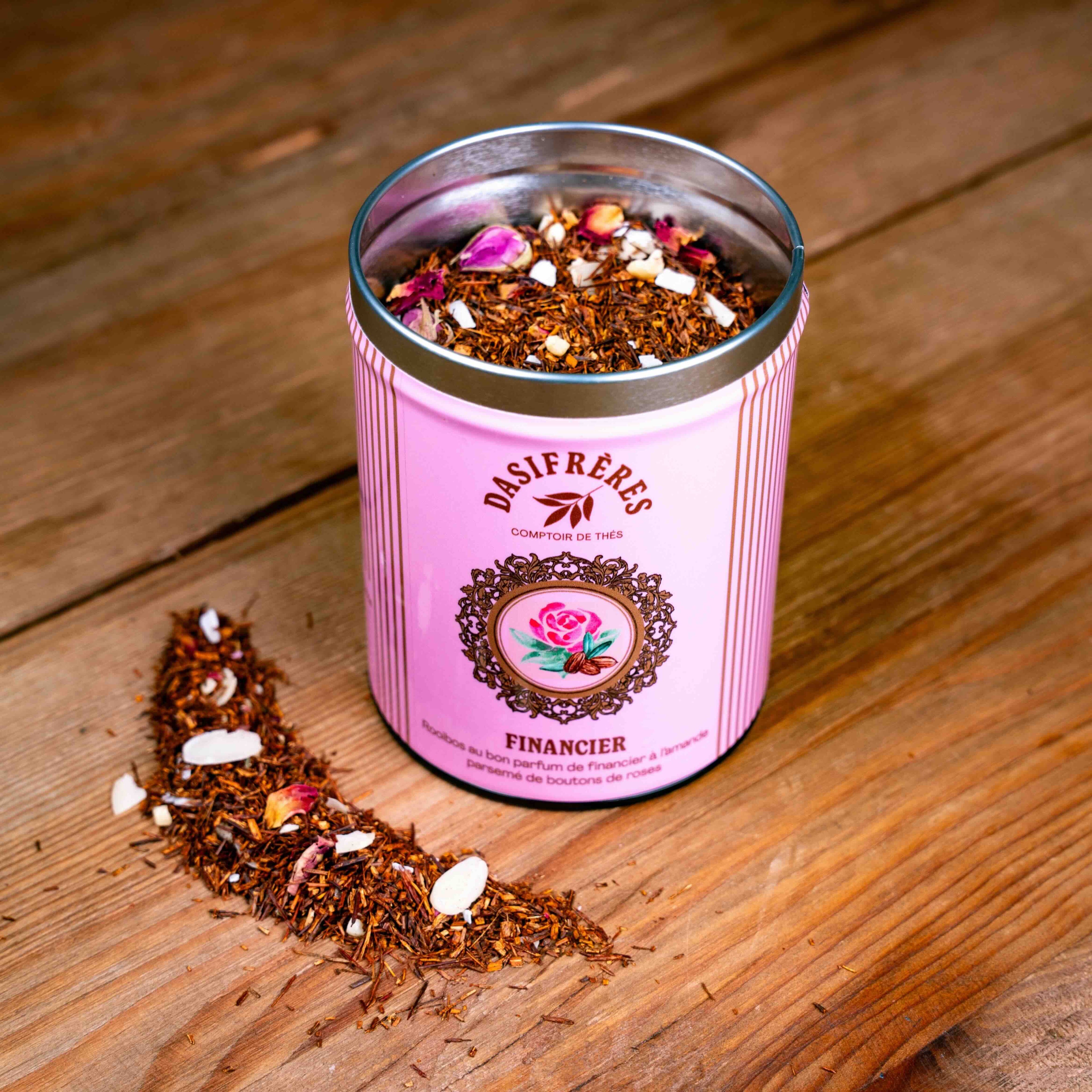 Financier rooibos amande et rose boîte métal 120g réutilisable double couvercle papier washi