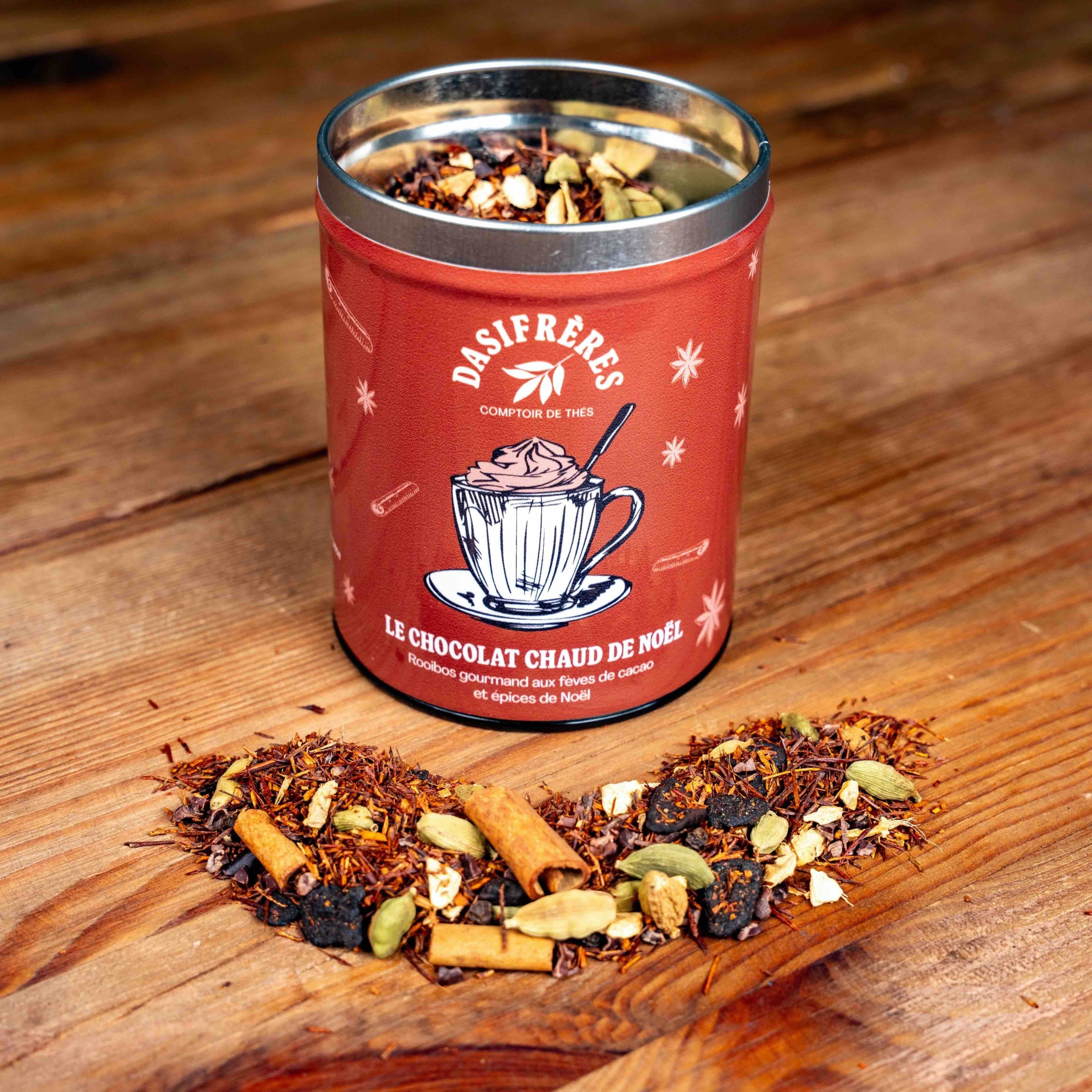 Le Chocolat Chaud de Noël rooibos gourmand aux fêves de cacao et épices de Noël boîte métal de 120g réutilisable double couvercle papier washi