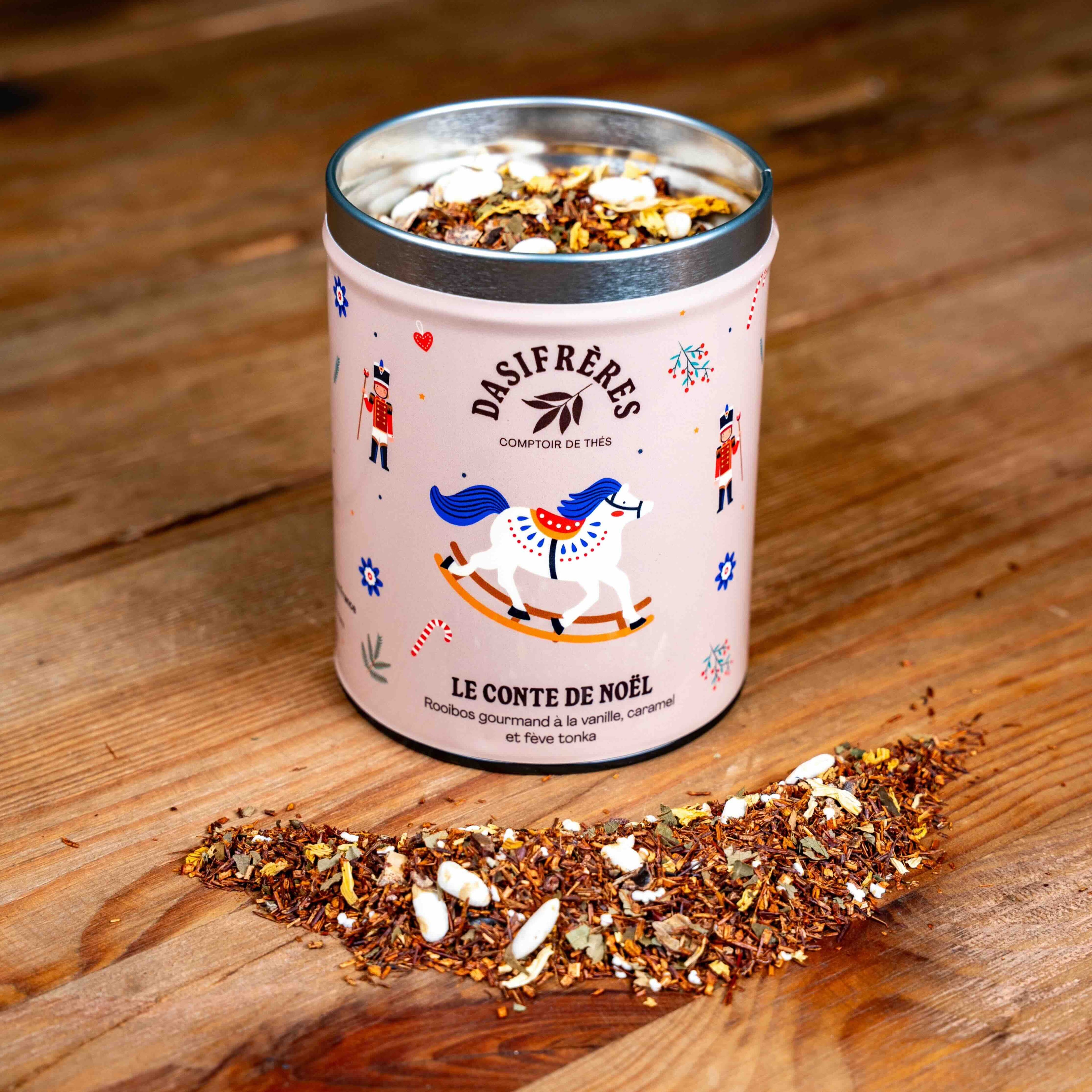 Le Conte de Noël rooibos gourmand vanille caramel et fève tonka boîte métal 100g réutilisable double couvercle papier washi
