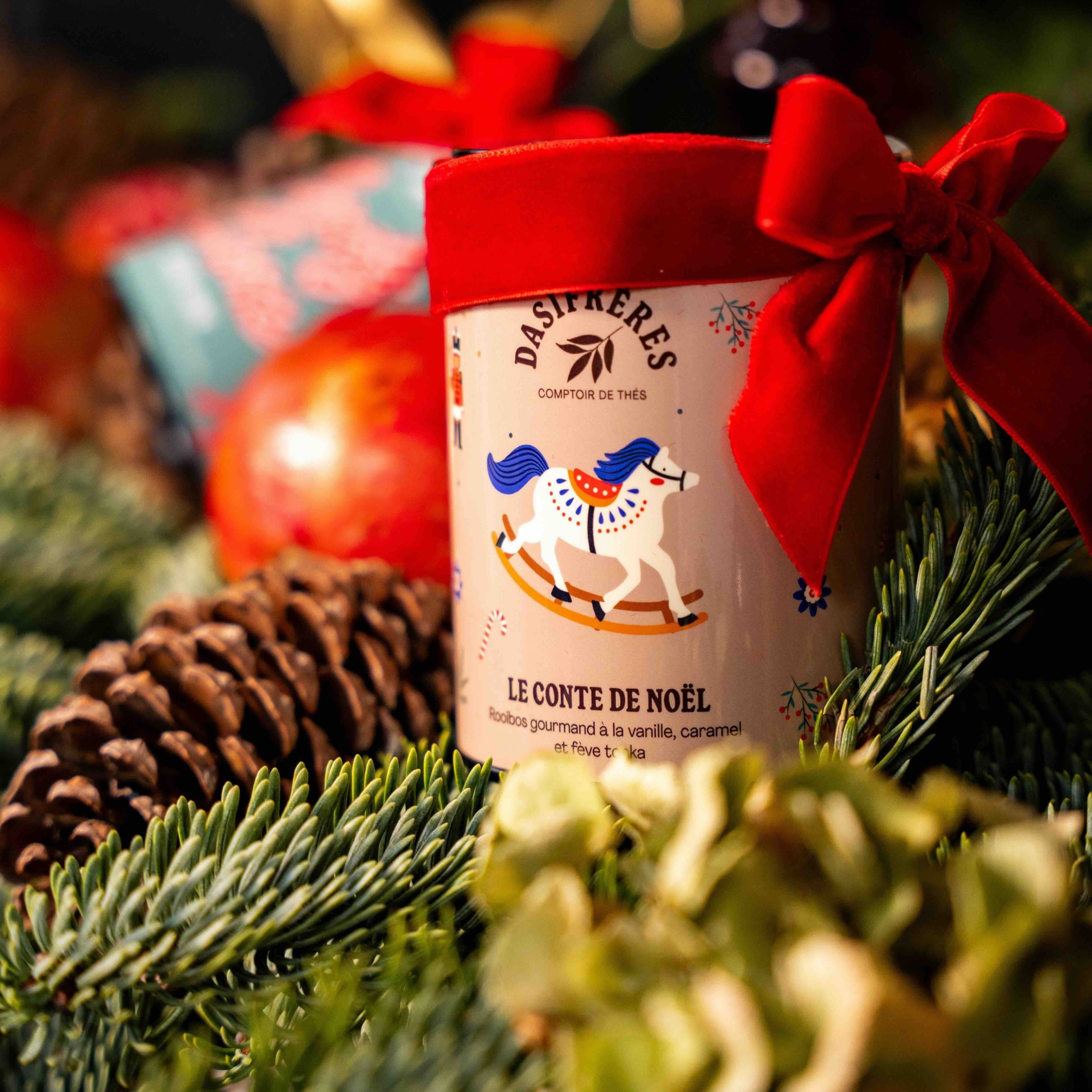Le Conte de Noël rooibos gourmand vanille caramel et fève tonka boîte métal 100g réutilisable double couvercle papier washi