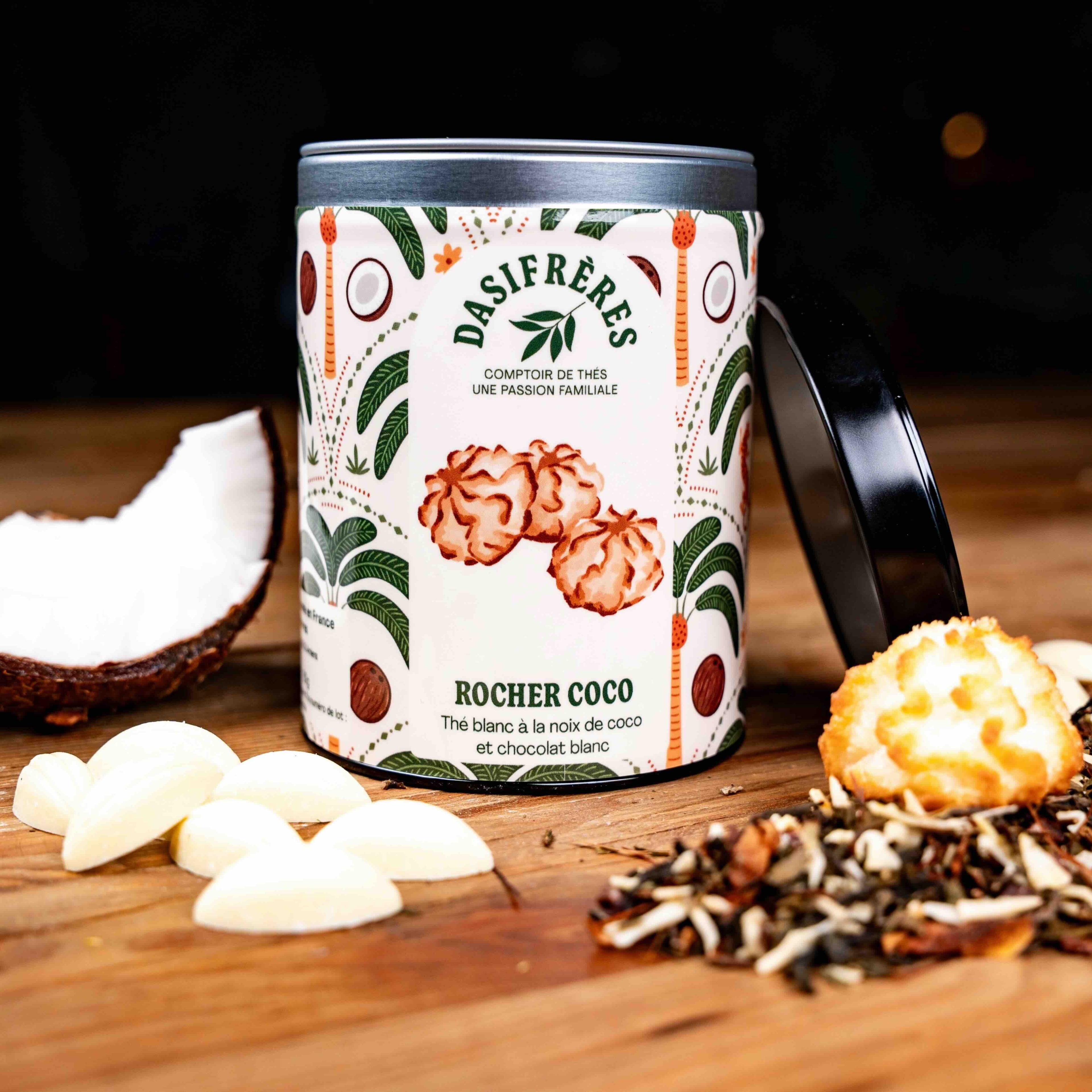 Rocher Coco Thé blanc noix de coco et chocolat blanc boîte métal 80g réutilisable double couvercle papier washi