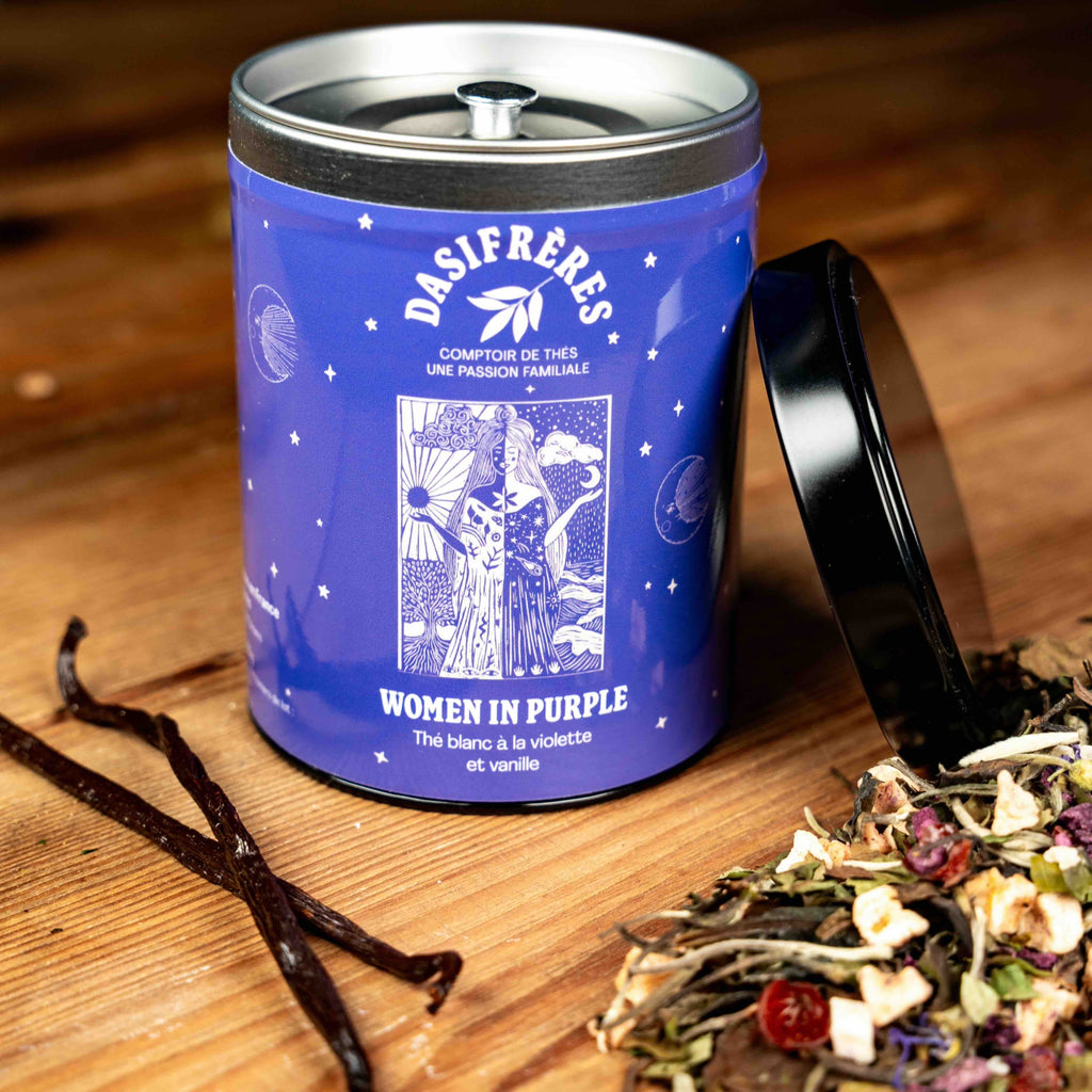 Women in Purple Thé blanc violette et vanille boite métal 80g réutilisable double couvercle papier washi