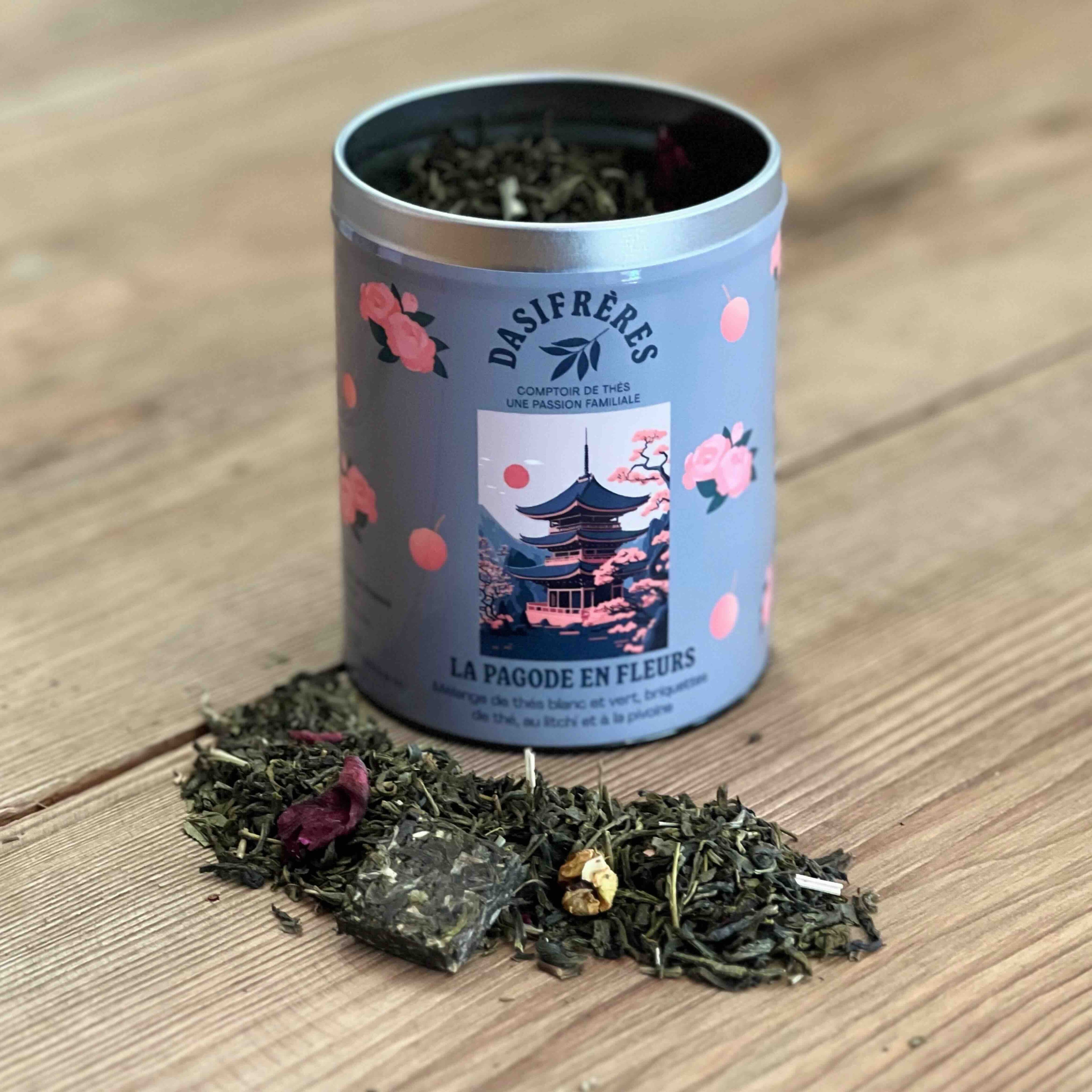 La Pagode en Fleurs mélange de thés blanc et vert litchi et pivoine boîte métal 100g réutilisable double couvercle papier washi