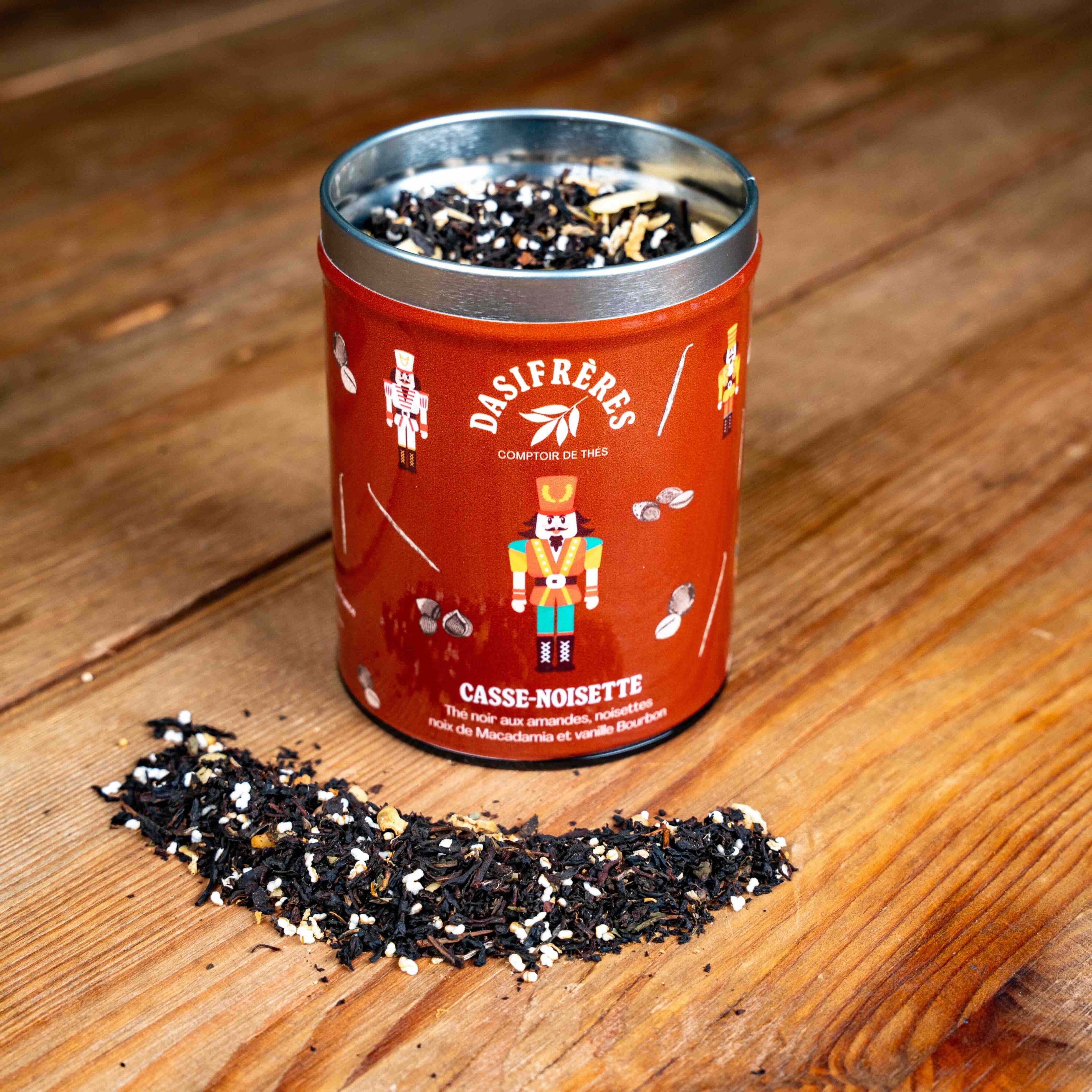 Casse-noisette thé noir aux amandes, noix de macadamia et vanille bourbon vrac boîte métal 100g réutilisable double couvercle papier washi