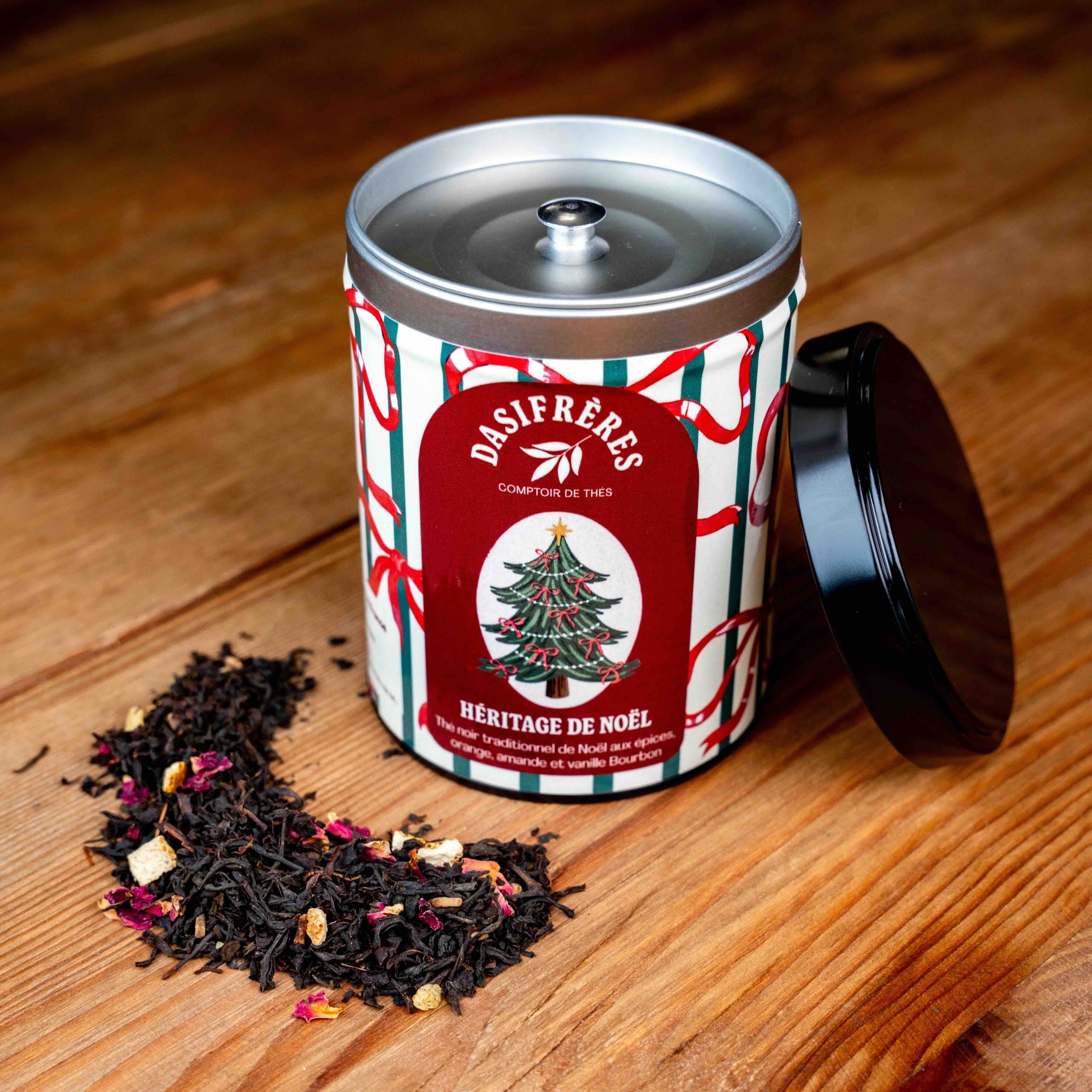 Héritage de Noël Thé noir traditionnel de Noël aux épices orange amandes et vanille Bourbon boîte metal 100g double couvercle réutilisable papier washi