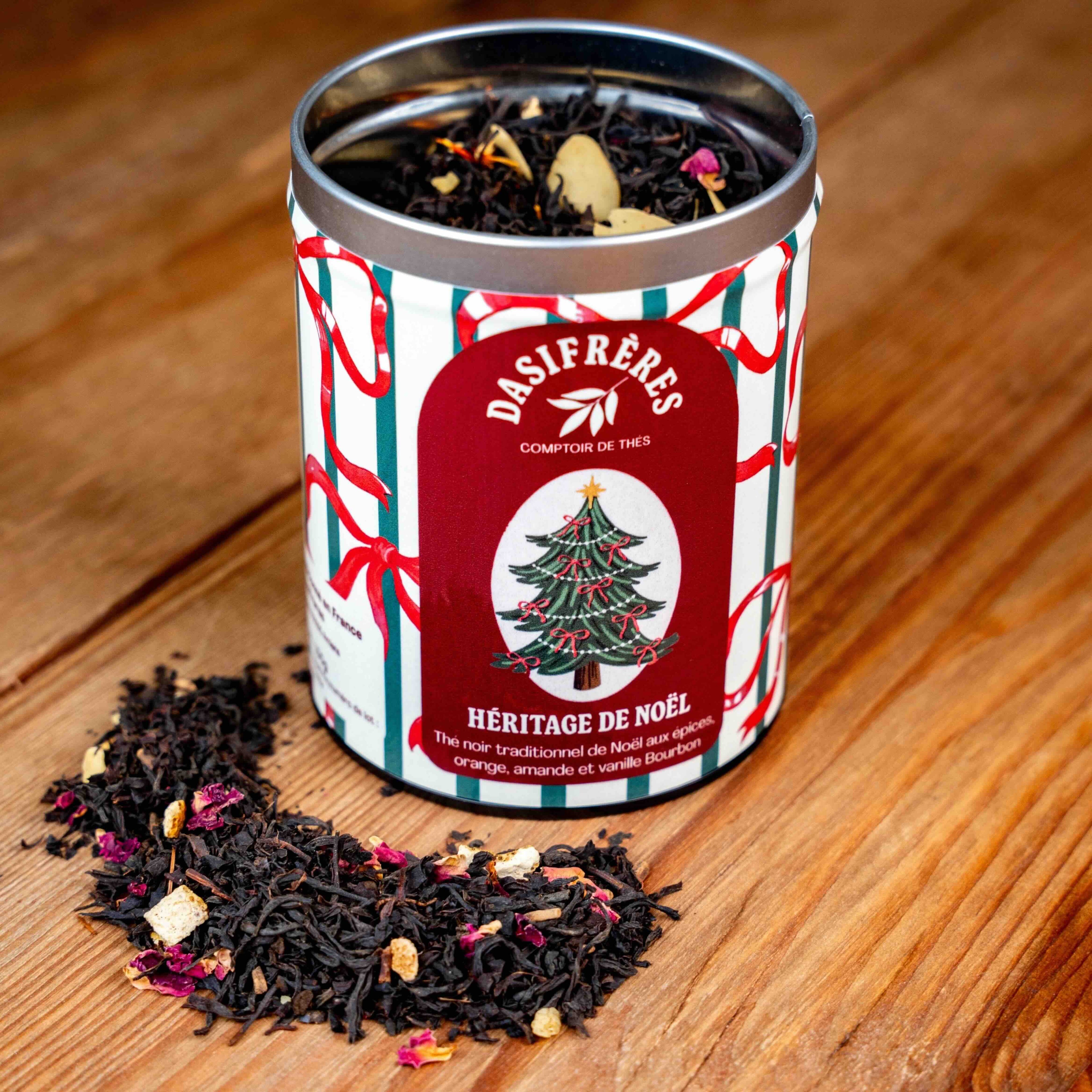 Héritage de Noël Thé noir traditionnel de Noël aux épices orange amandes et vanille Bourbon boîte metal 100g double couvercle réutilisable papier washi