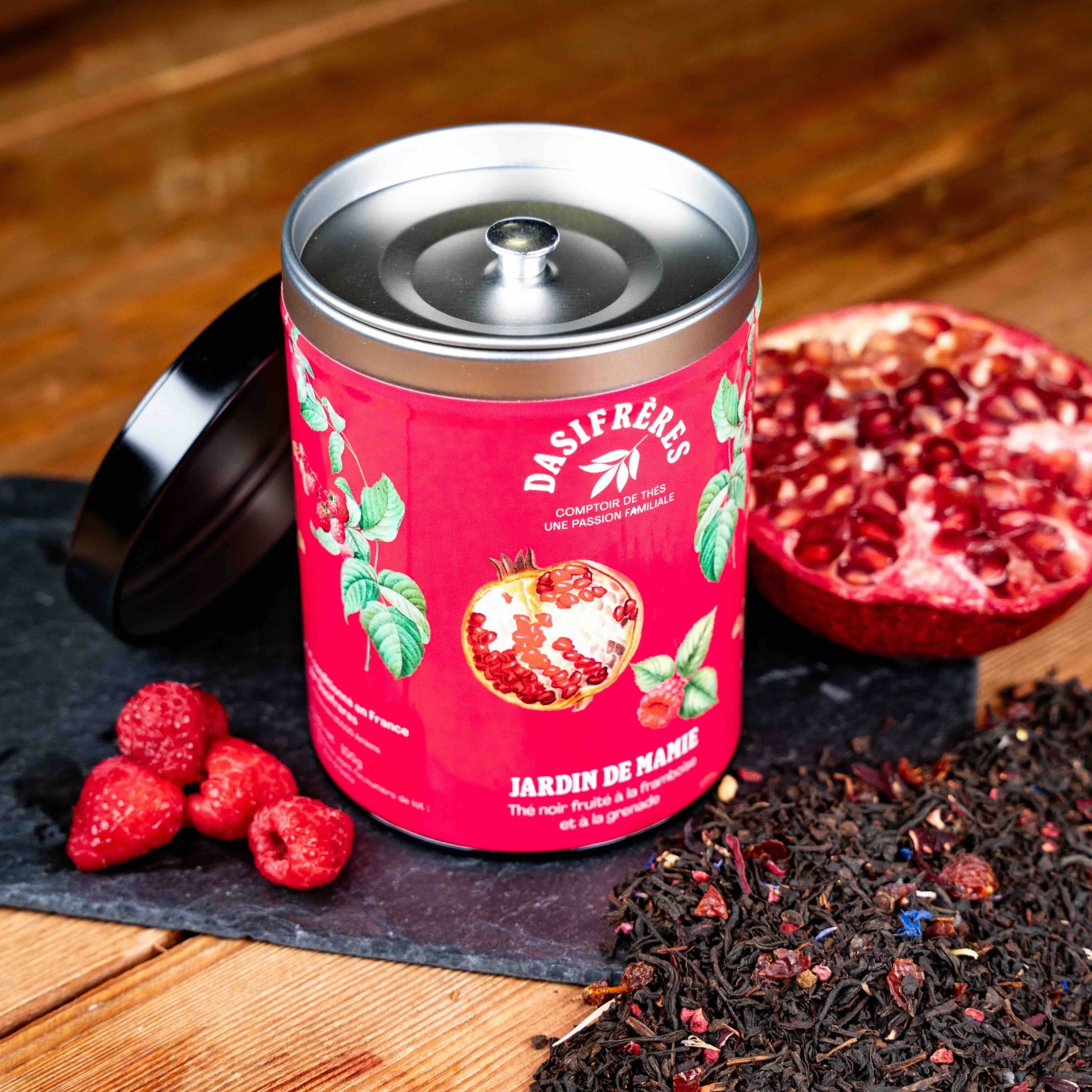Le Jardin de Mamie thé noir fruité à la framboise et à la grenade boîte métal 100g double couvercle réutilisable papier washi
