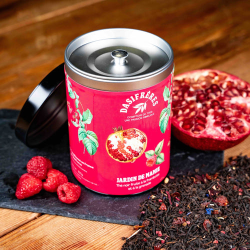 Le Jardin de Mamie thé noir fruité à la framboise et à la grenade boîte métal 100g double couvercle réutilisable papier washi