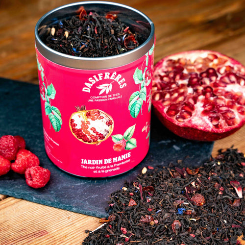 Le Jardin de Mamie thé noir fruité à la framboise et à la grenade boîte métal 100g double couvercle réutilisable papier washi