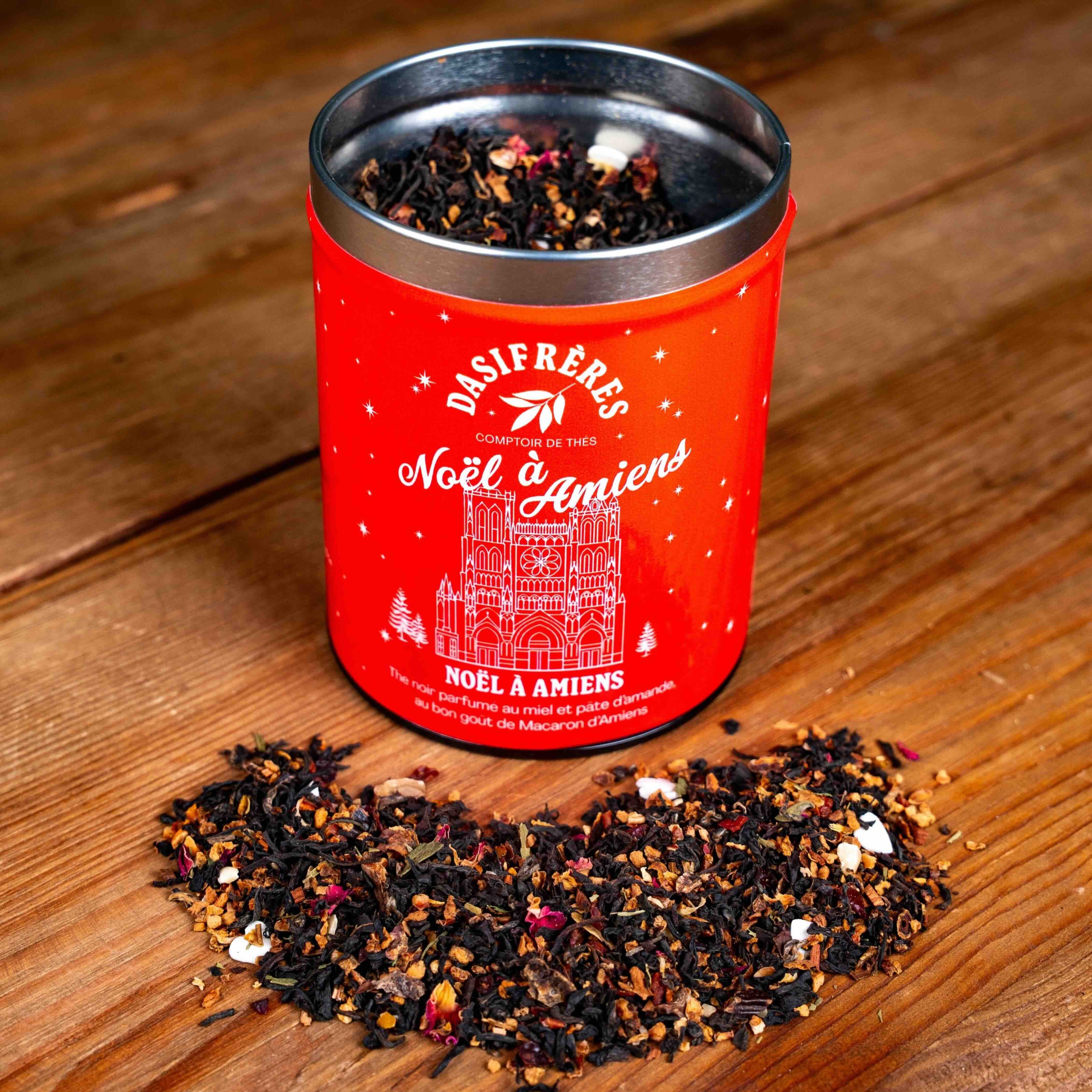 Noël à Amiens thé noir parfumé miel et pate d'amande goût macaron d'Amiens boîte métal 100g réutilisable double couvercle papier washi