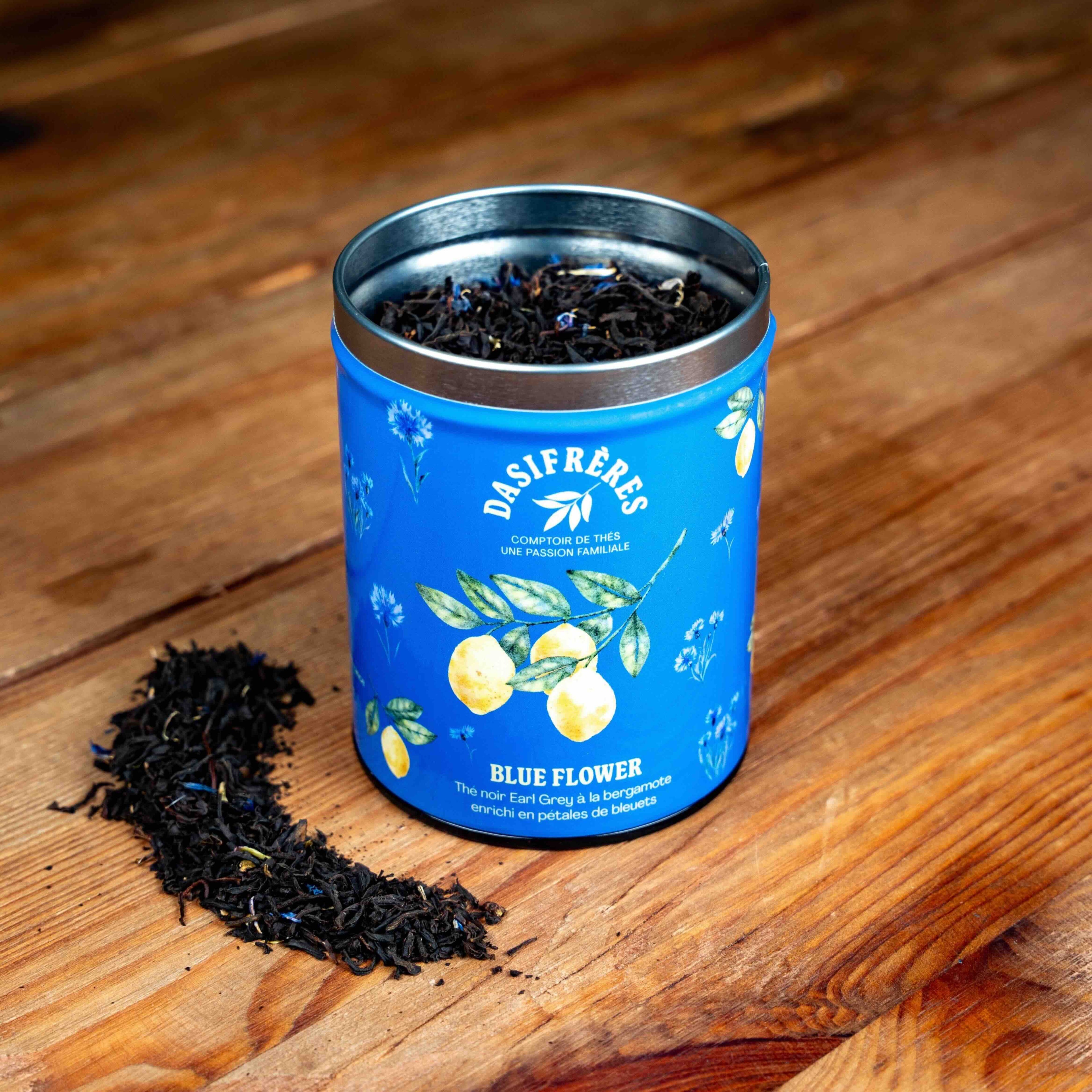 Blue flower thé noir Earl Grey à la bergamote enrichi en pétales de bleuets boîte de 100g double couvercle réutilisable papier washi