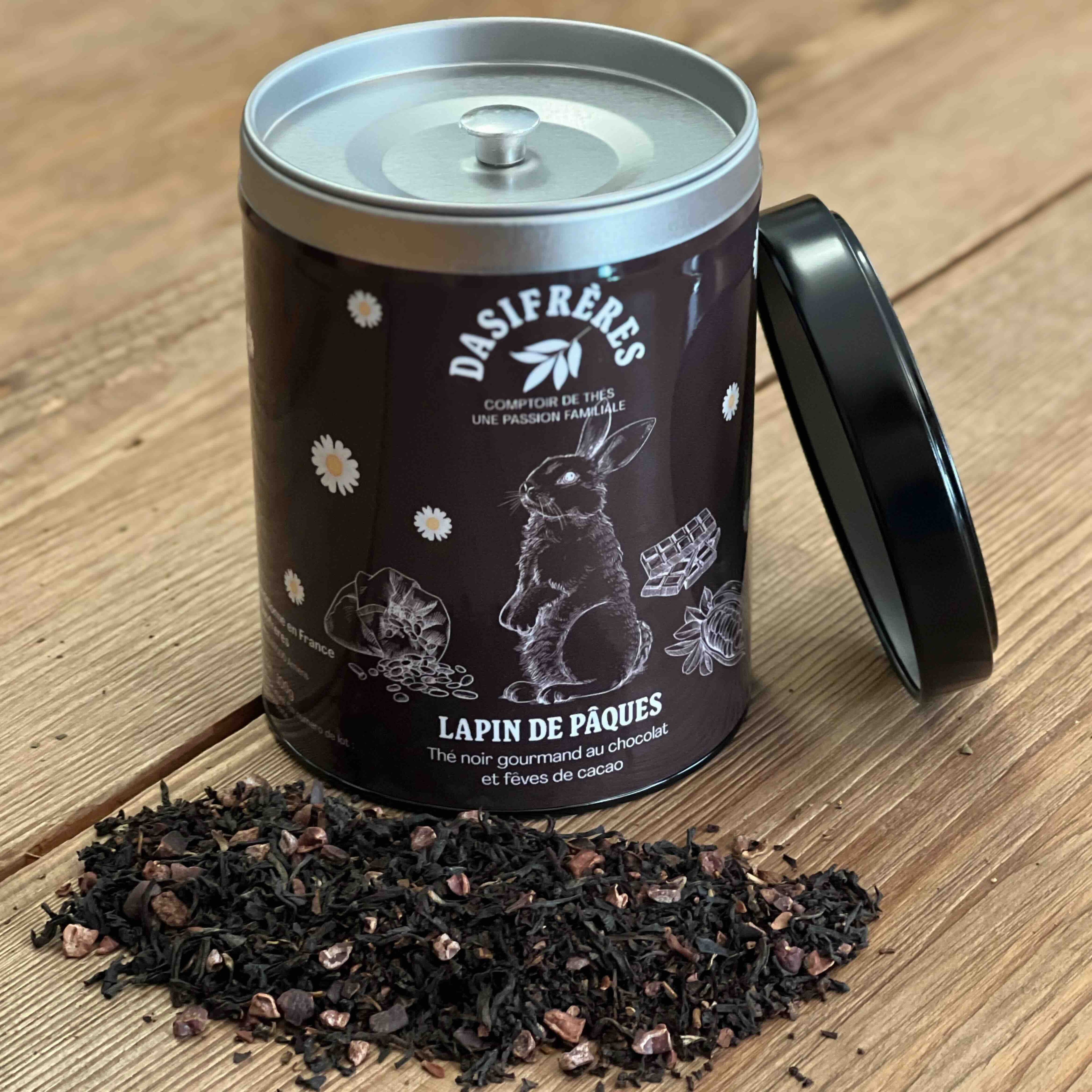 Lapin de Pâques thé noir chocolat et fèves de cacao boîte métal 100g double couvercle réutilisable papier washi
