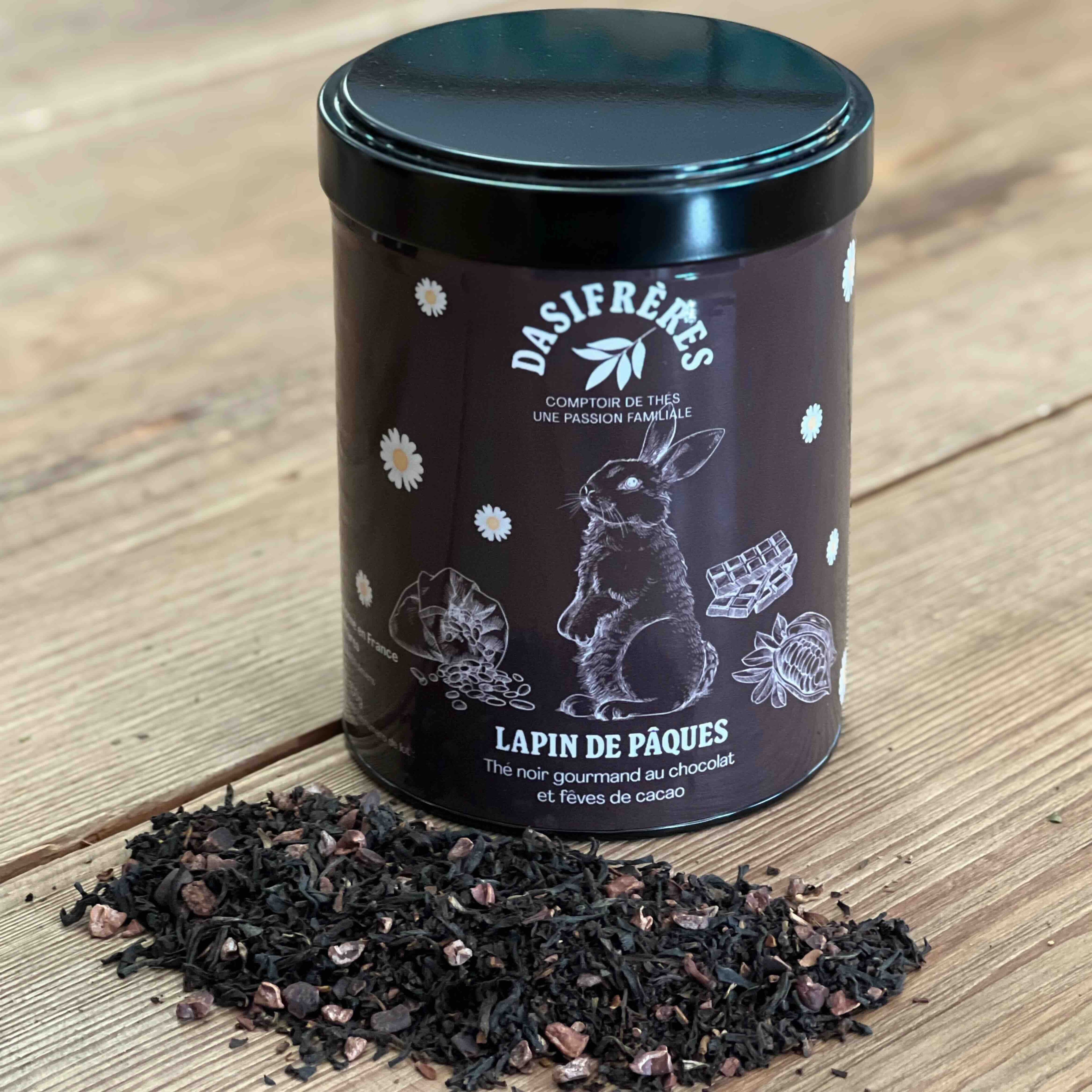 Lapin de Pâques thé noir chocolat et fèves de cacao boîte métal 100g double couvercle réutilisable papier washi