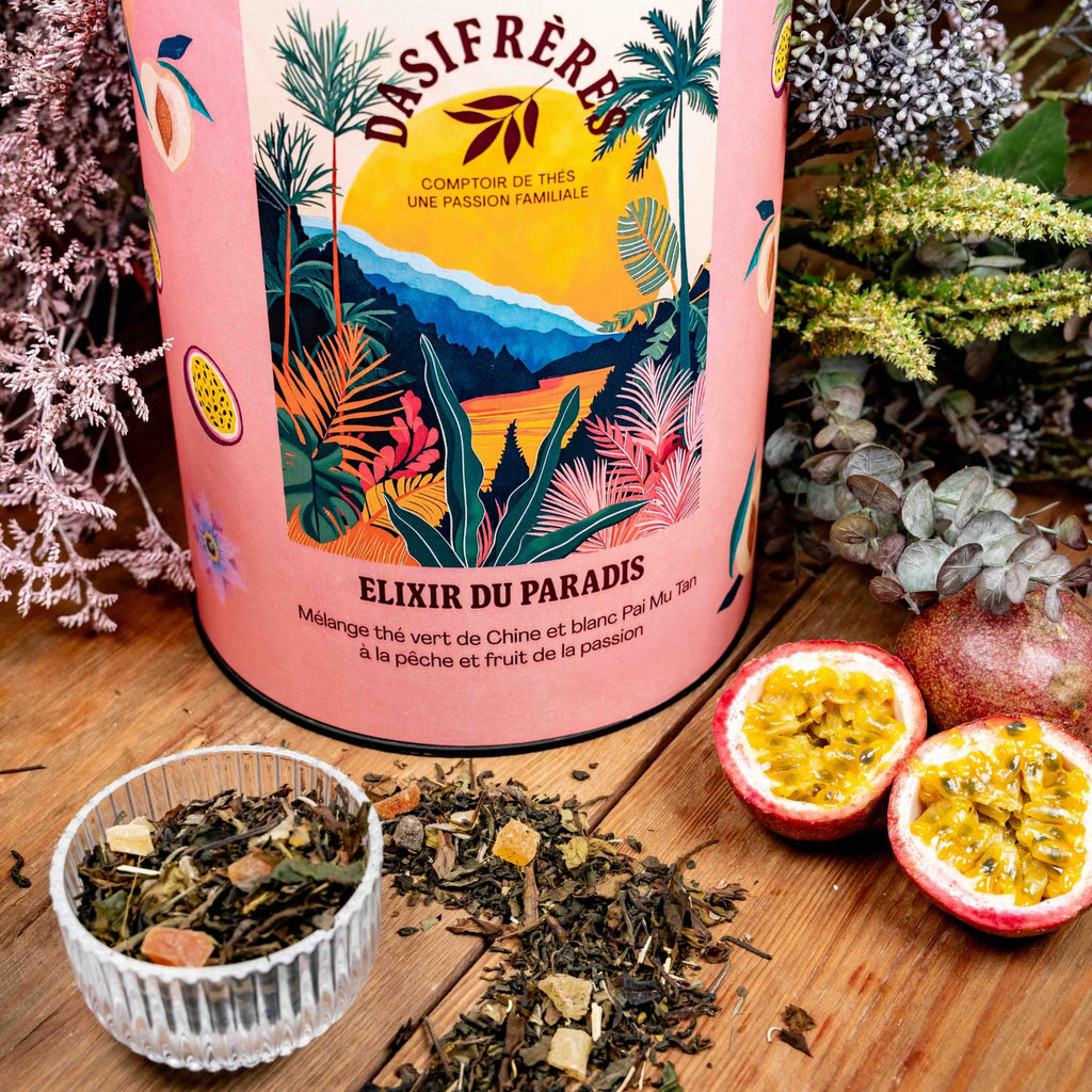 Elixir du paradis mélange de thé vert de Chine et blanc Pai Mu Tan à la pêche et fruit de la passion vrac