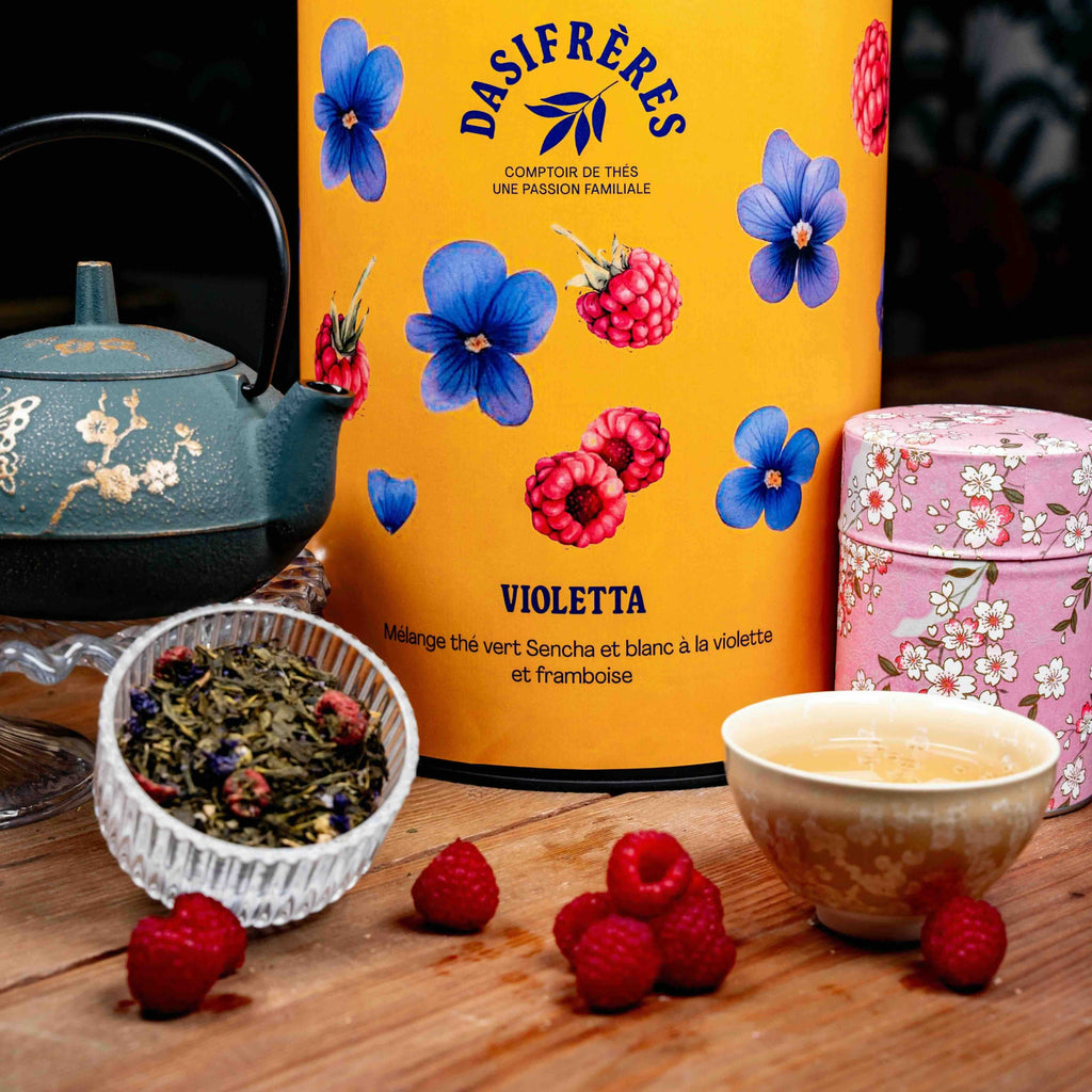 Violetta Mélange thé vert et blanc violette et framboise vrac