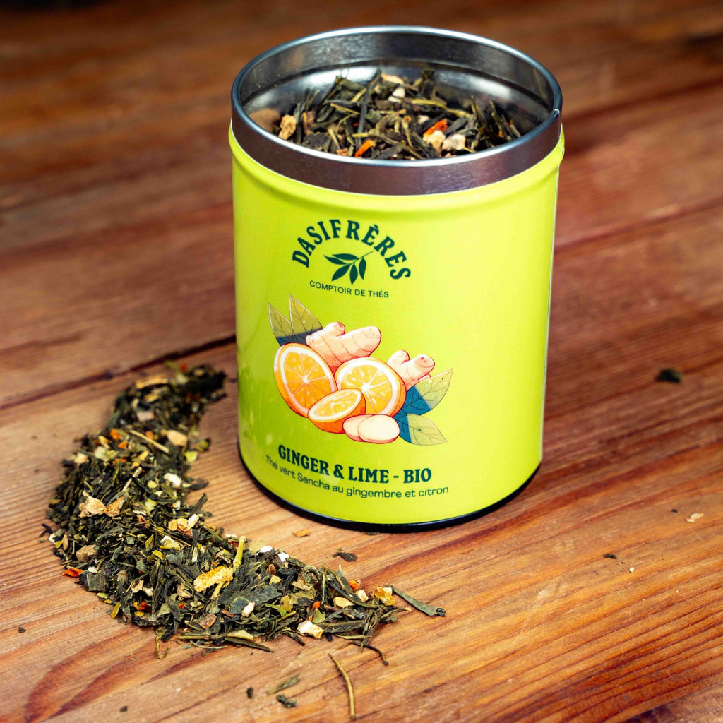 Ginger & Lime bio thé vert Sencha au gimgembre et citron boîte métal de 100g réutilisable double couvercle papier washi