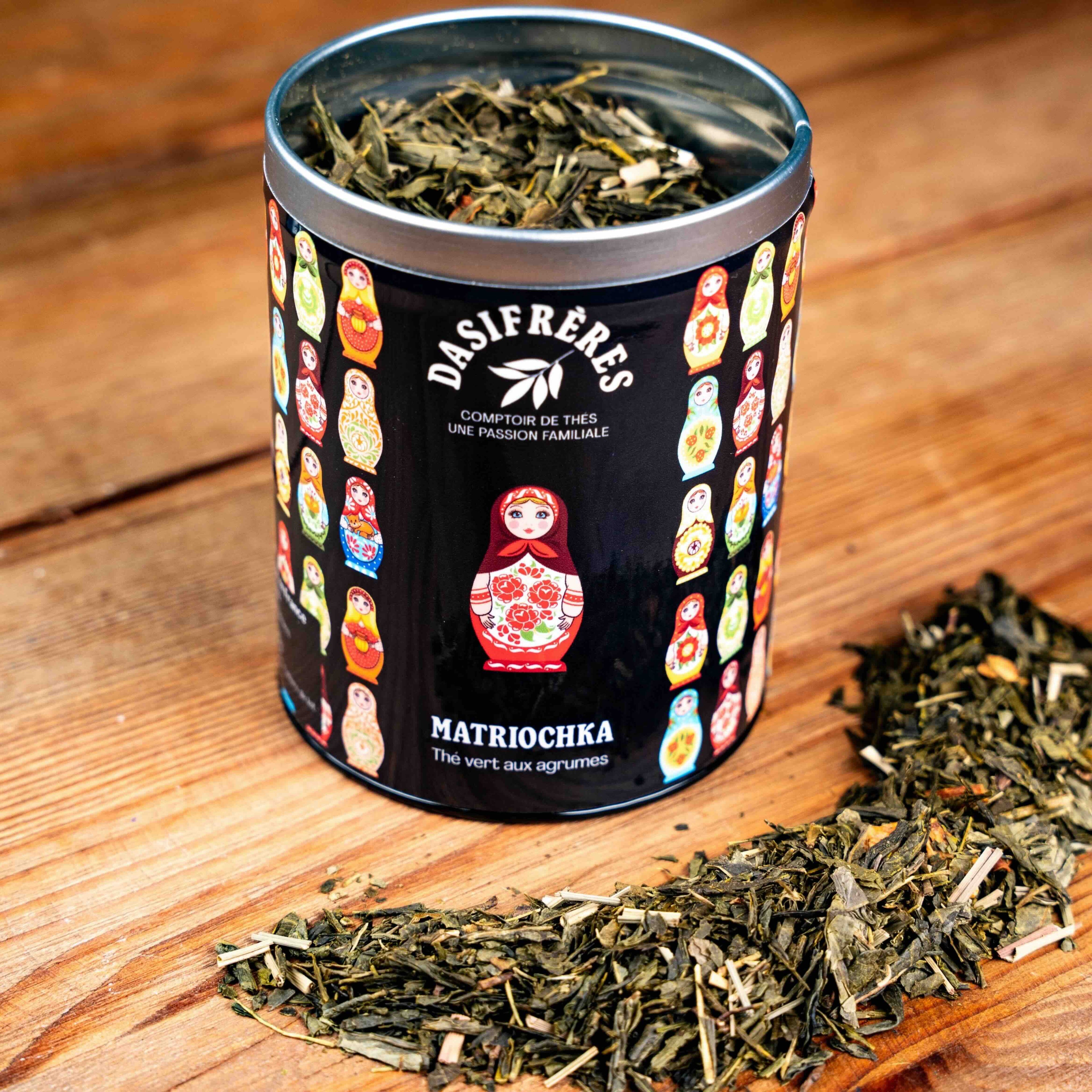 Matriochka thé vert aux agrumes boîte métal 100g réutilisable double couvercle papier washi