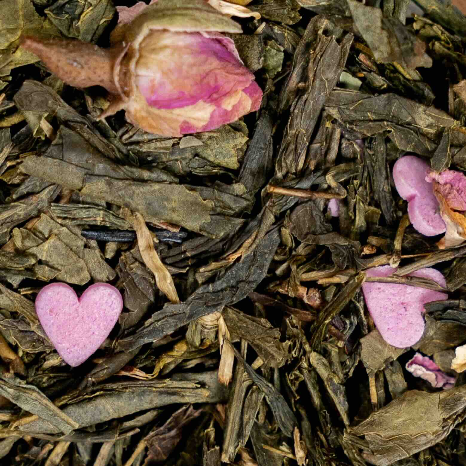Bonjour mon amour thé vert rempli d'amour à la rose et à la fraise vrac