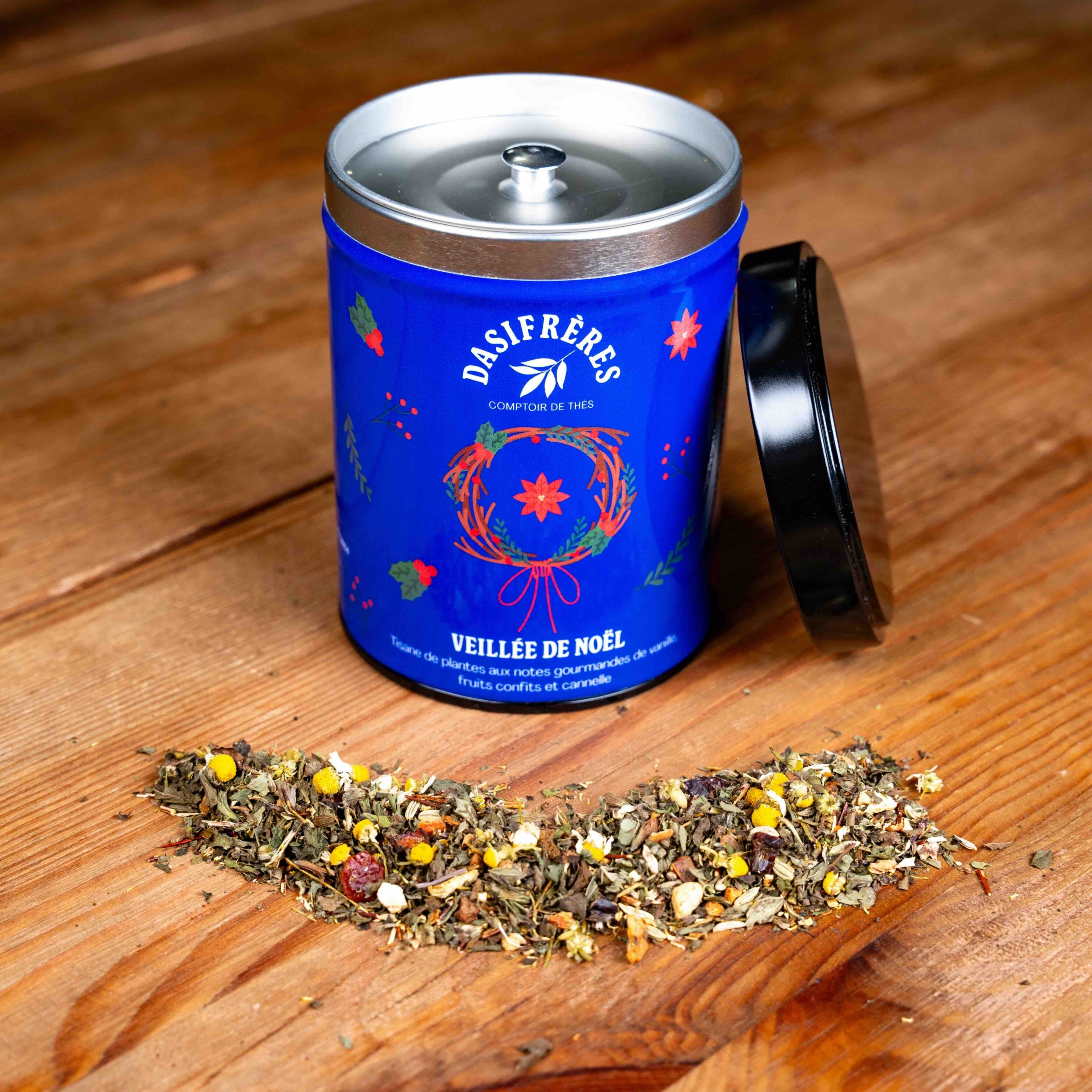 Veillée de Noël - Tisane à la vanille cannelle et fruits confits boîte métal 90g réutilisable double couvercle papier washi