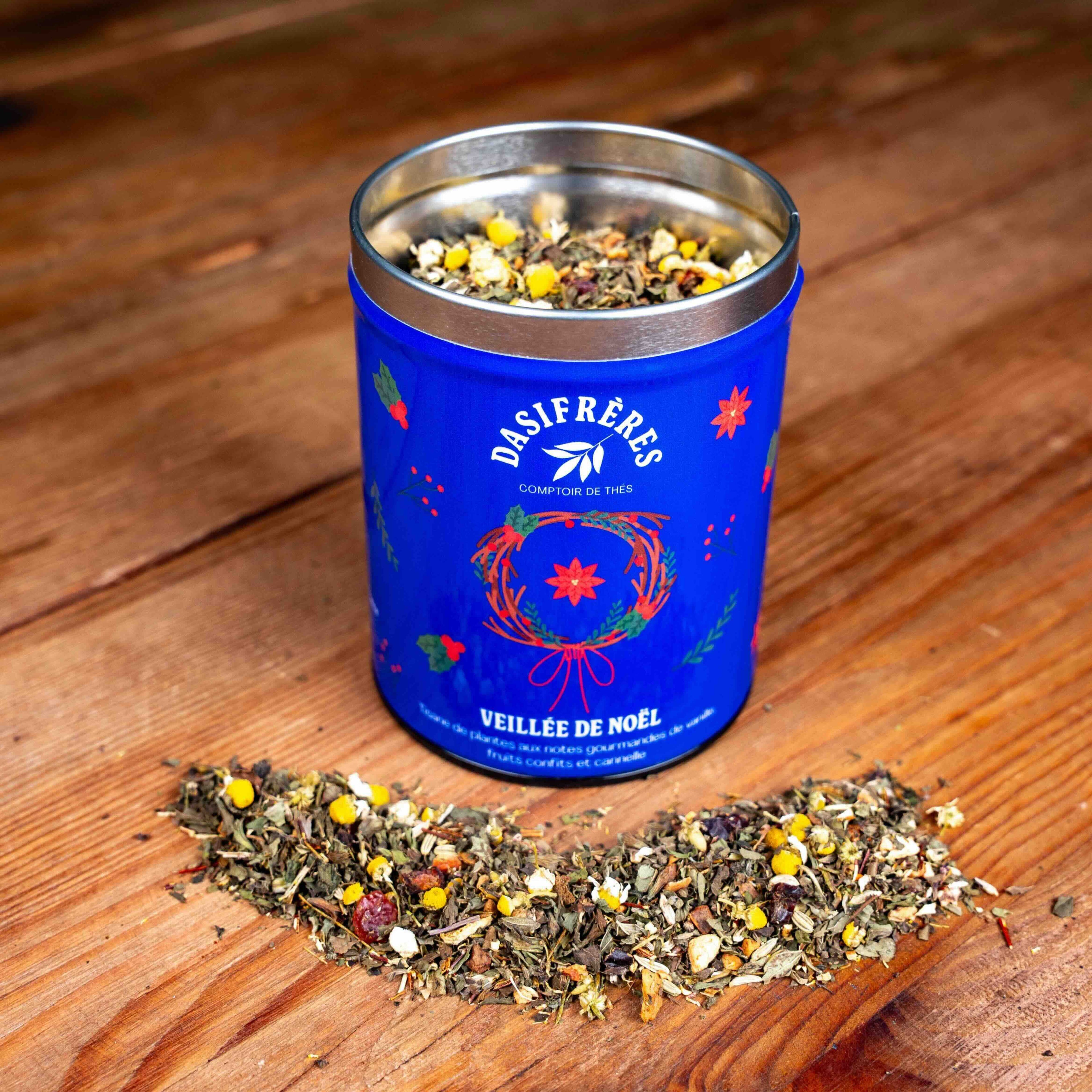 Veillée de Noël - Tisane à la vanille cannelle et fruits confits boîte métal 90g réutilisable double couvercle papier washi
