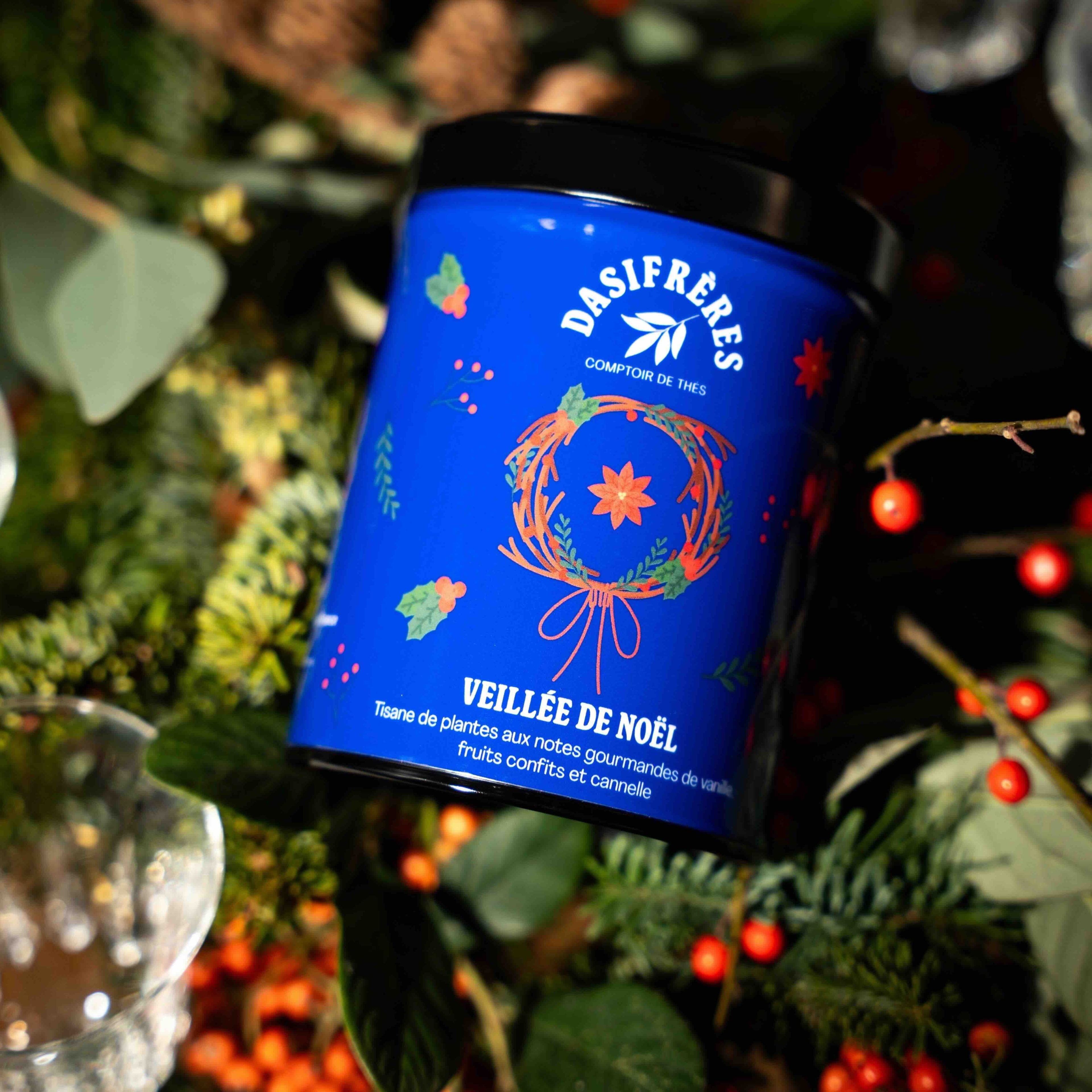 Veillée de Noël - Tisane à la vanille cannelle et fruits confits boîte métal 90g réutilisable double couvercle papier washi